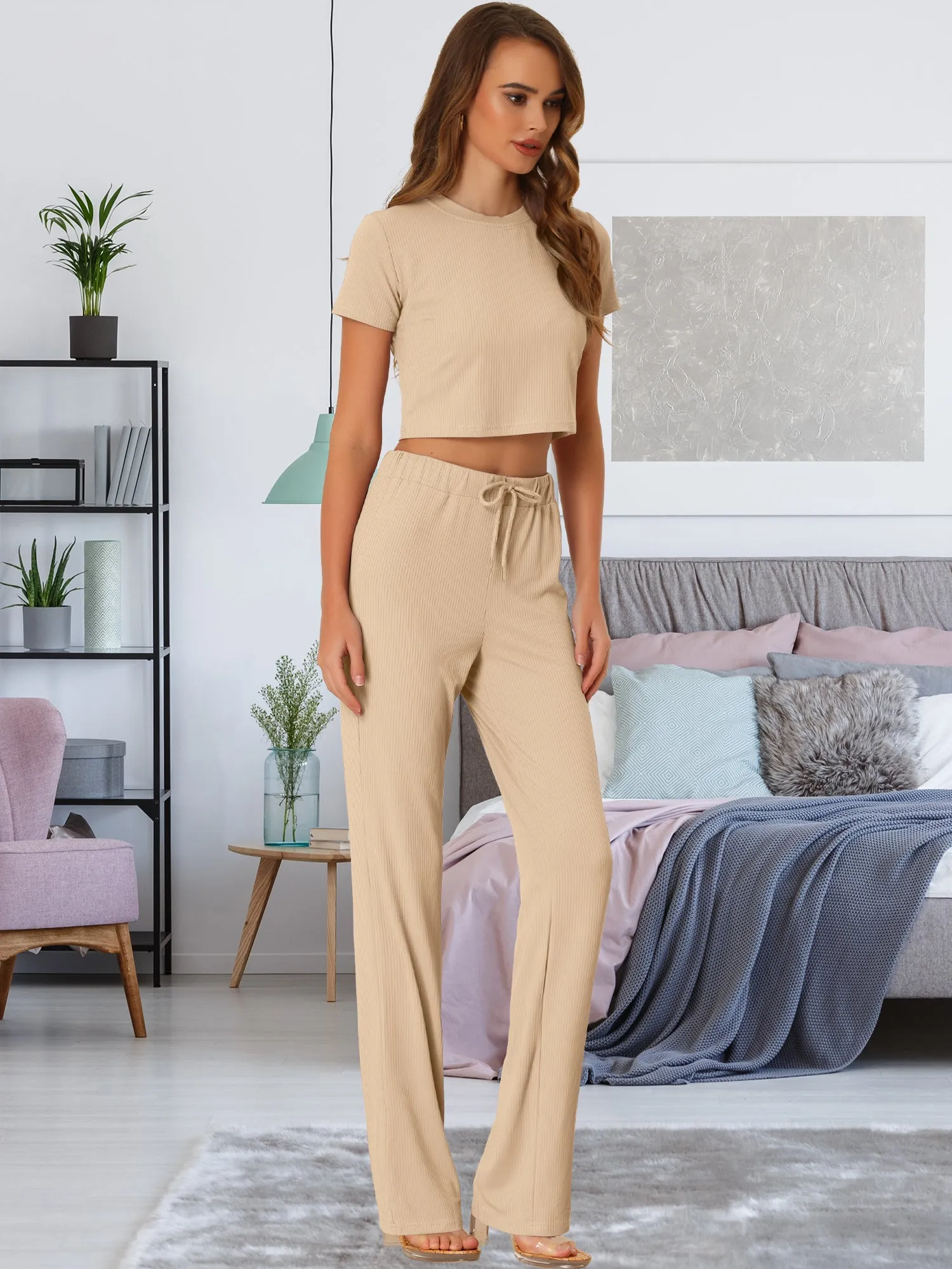 Short Sleeve Crop Top High Waist Wide Leg Long Pant Sport Set sold by Allegra K