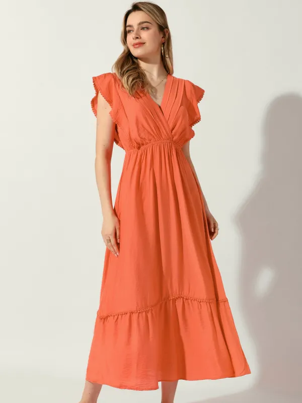Pleated Ruffles Sleeves Solid Color Vacation Maxi Dress sold by Allegra K