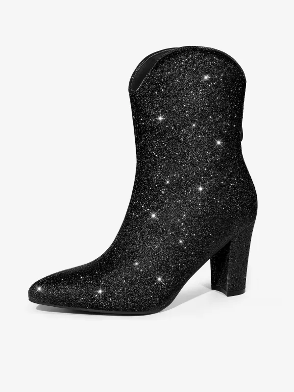 Glitter V Shape Pointy Toe Back Zipper Block Heel Mid Calf Boots sold by Allegra K