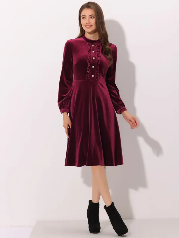 Retro Velvet Mock Neck Button Front Ruffle Flared Dress sold by Allegra K