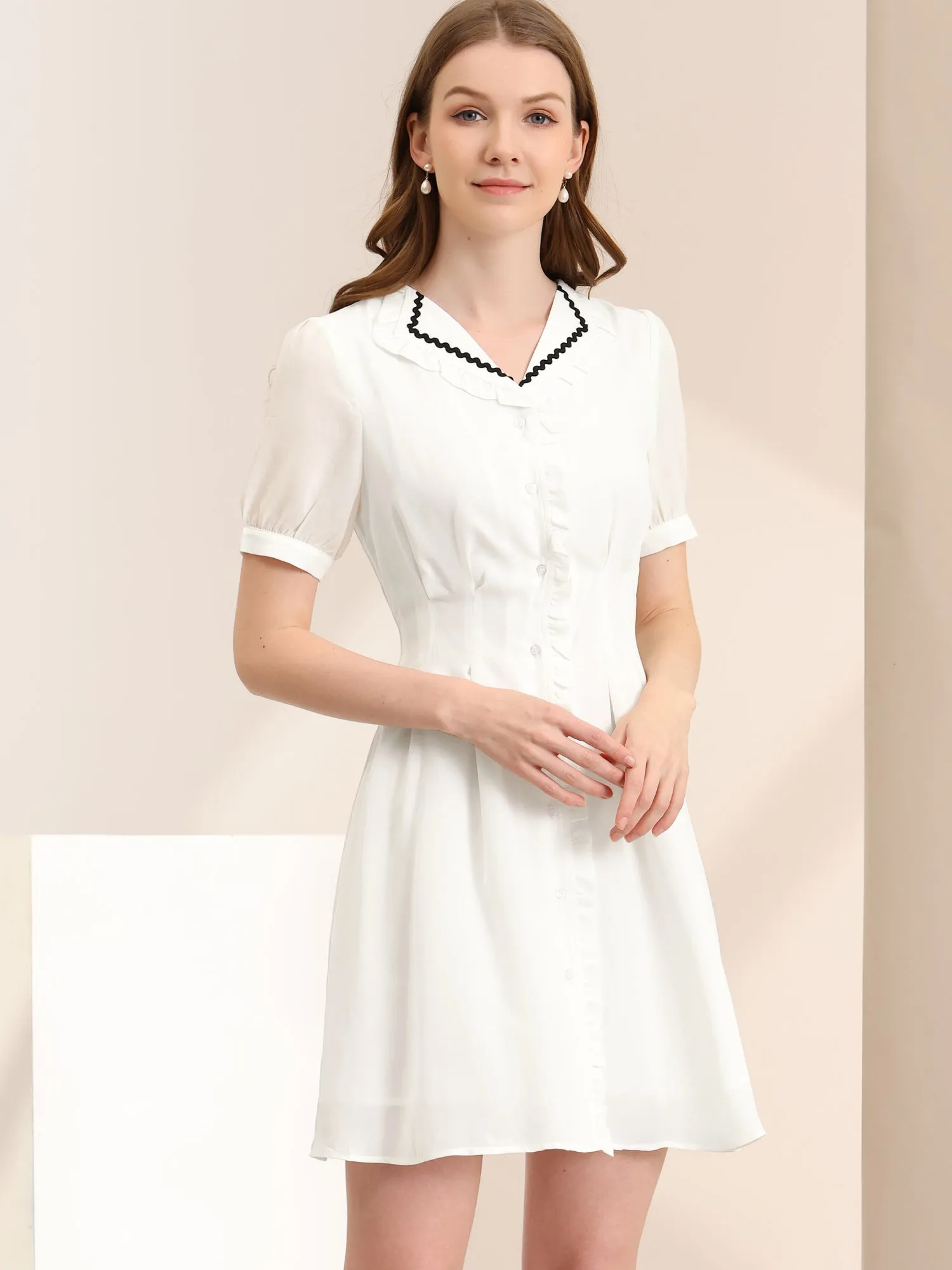 Button Down Ruffle Collar Office Short Sleeve Work Shirt Dress sold by Allegra K product image thumbnail 2