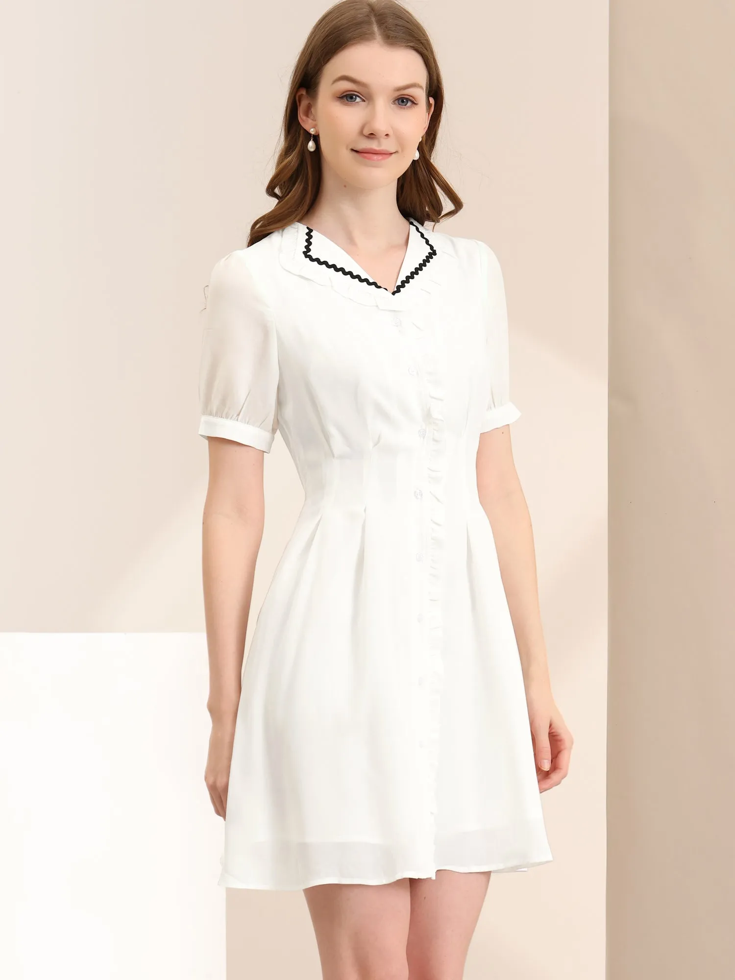 Button Down Ruffle Collar Office Short Sleeve Work Shirt Dress sold by Allegra K product image thumbnail 3