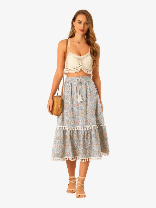 Women's Tiered Midi Skirts Elastic Waist Tassel Fringe Boho Skirt sold by Allegra K