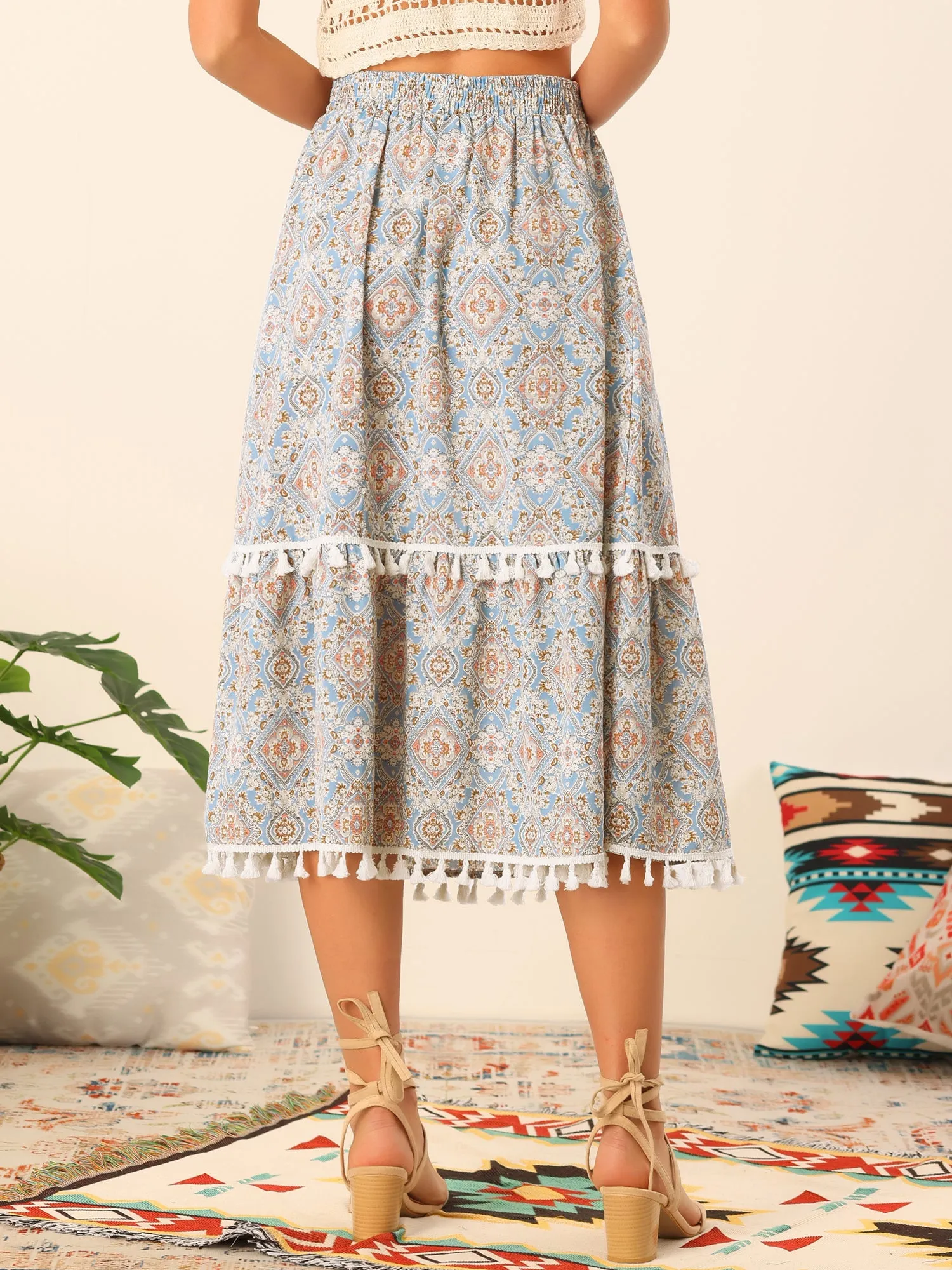 Women's Tiered Midi Skirts Elastic Waist Tassel Fringe Boho Skirt sold by Allegra K product image thumbnail 4