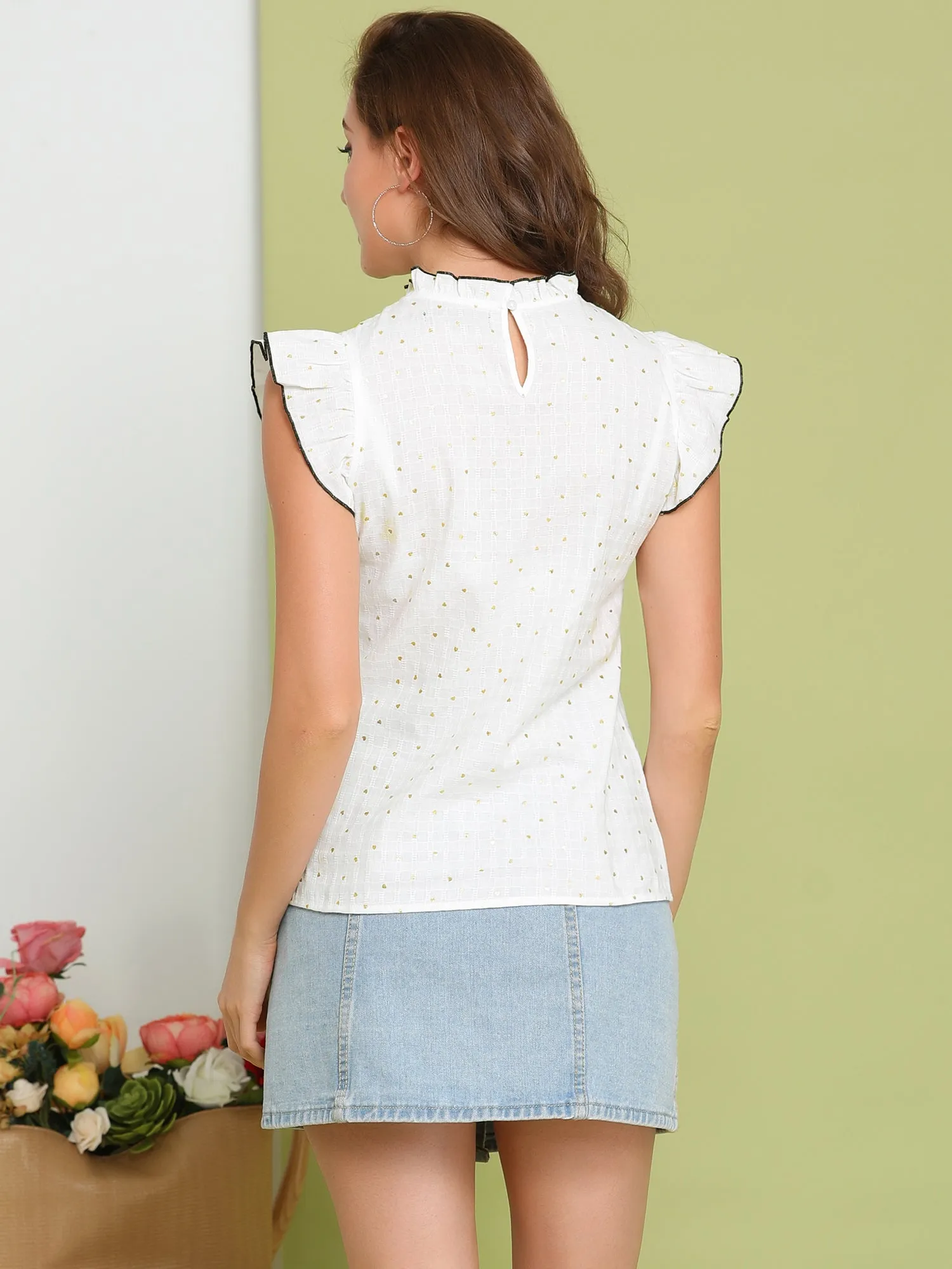 Sweet Blouse Ruffle Cap Sleeve Casual Top Cotton Stand Collar Shirt sold by Allegra K product image thumbnail 4