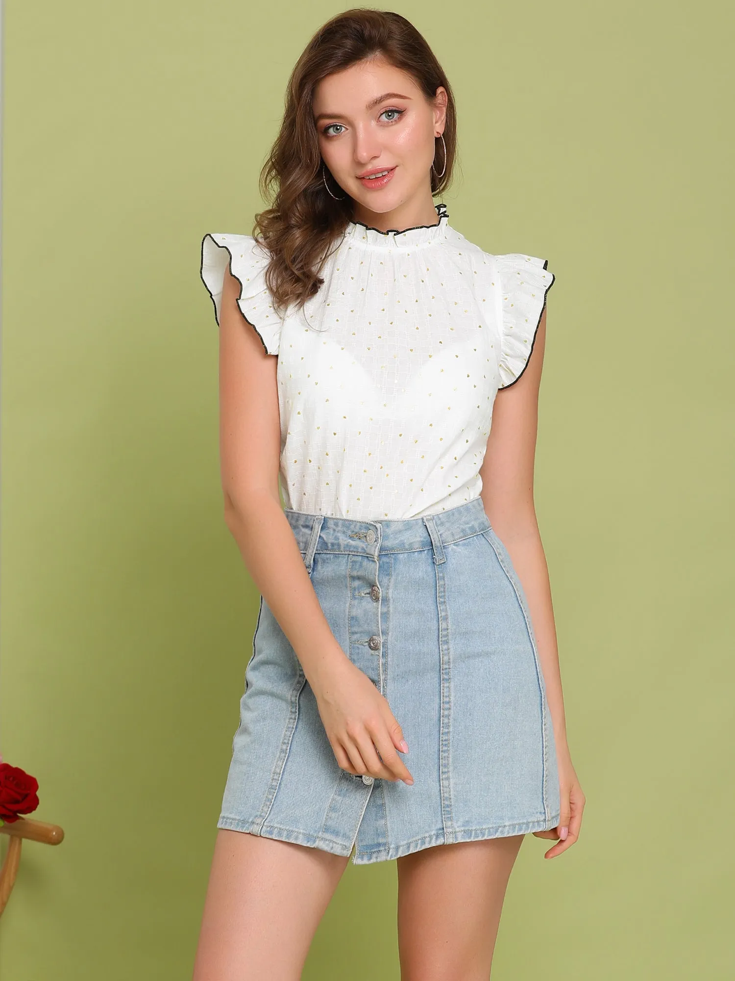 Sweet Blouse Ruffle Cap Sleeve Casual Top Cotton Stand Collar Shirt sold by Allegra K product image thumbnail 2