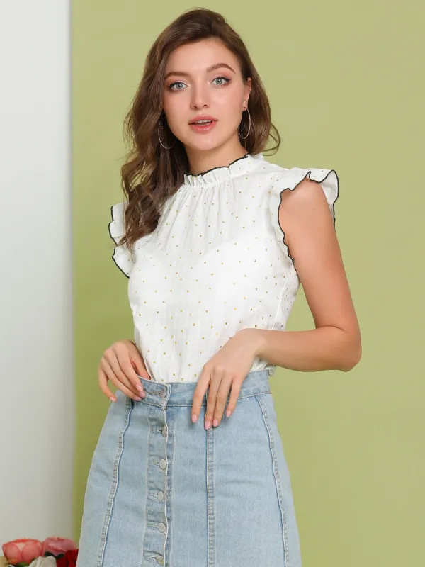 Sweet Blouse Ruffle Cap Sleeve Casual Top Cotton Stand Collar Shirt sold by Allegra K