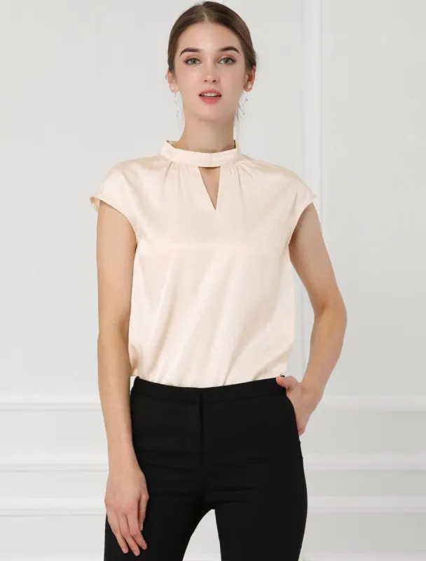 Stand Collar Cap Sleeve Keyhole Elegant Work Office Blouse Tops sold by Allegra K