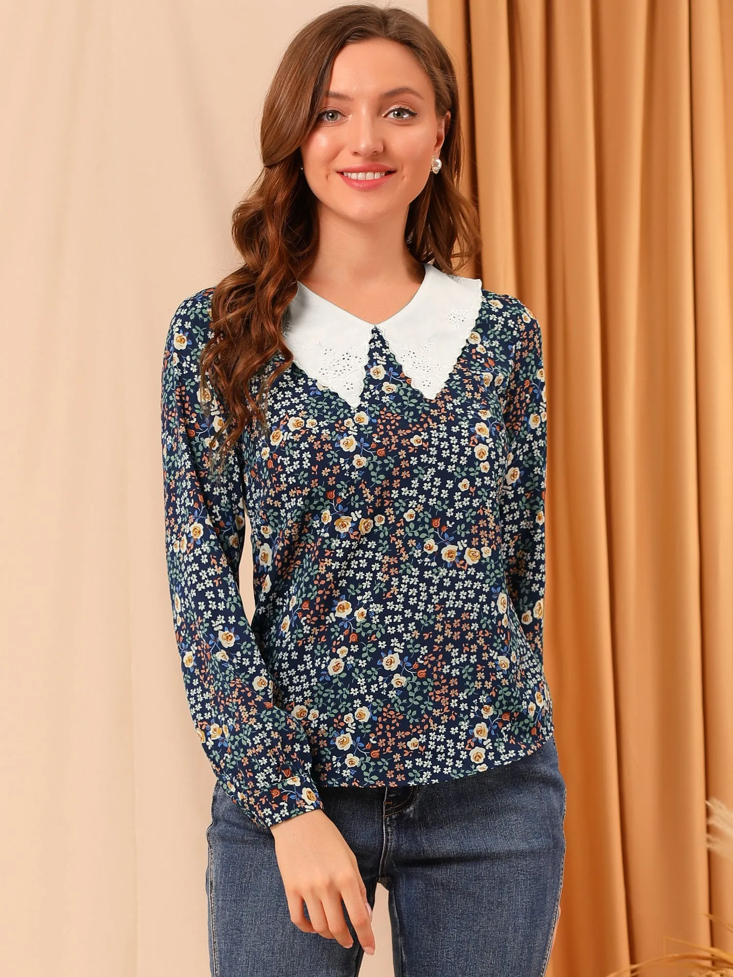 Contrast Peter Pan Collar Keyhole Back Floral Blouse sold by Allegra K product image thumbnail 3