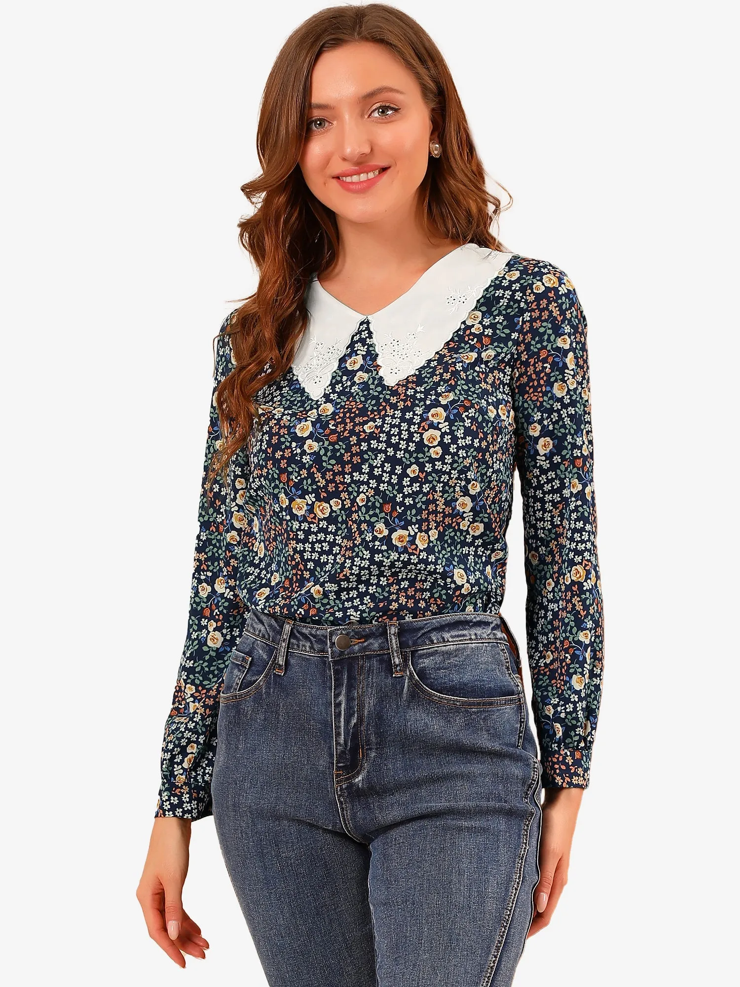 Contrast Peter Pan Collar Keyhole Back Floral Blouse sold by Allegra K