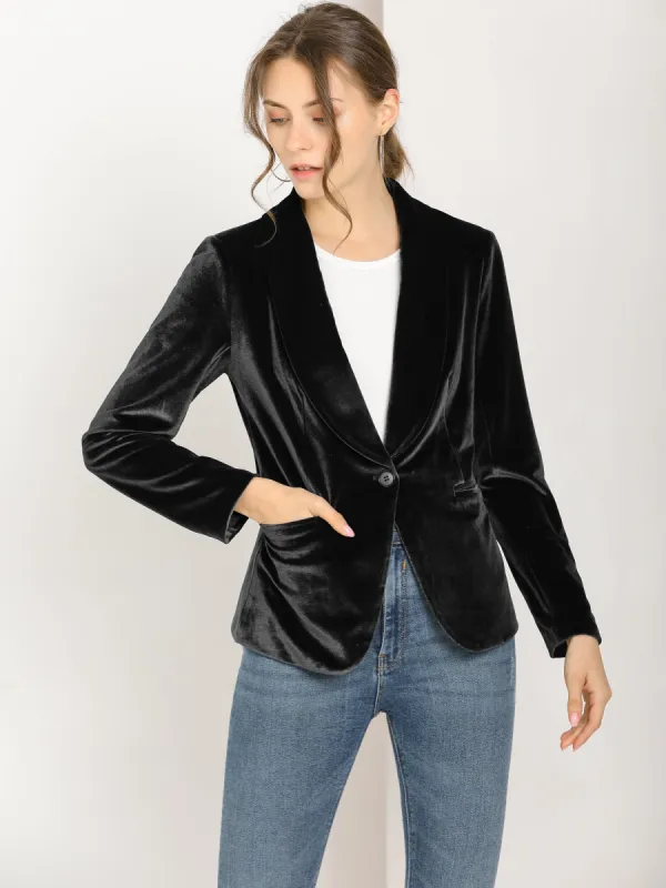 Shawl Collar Single Button Velvet Solid Office Work Jacket Blazer sold by Allegra K