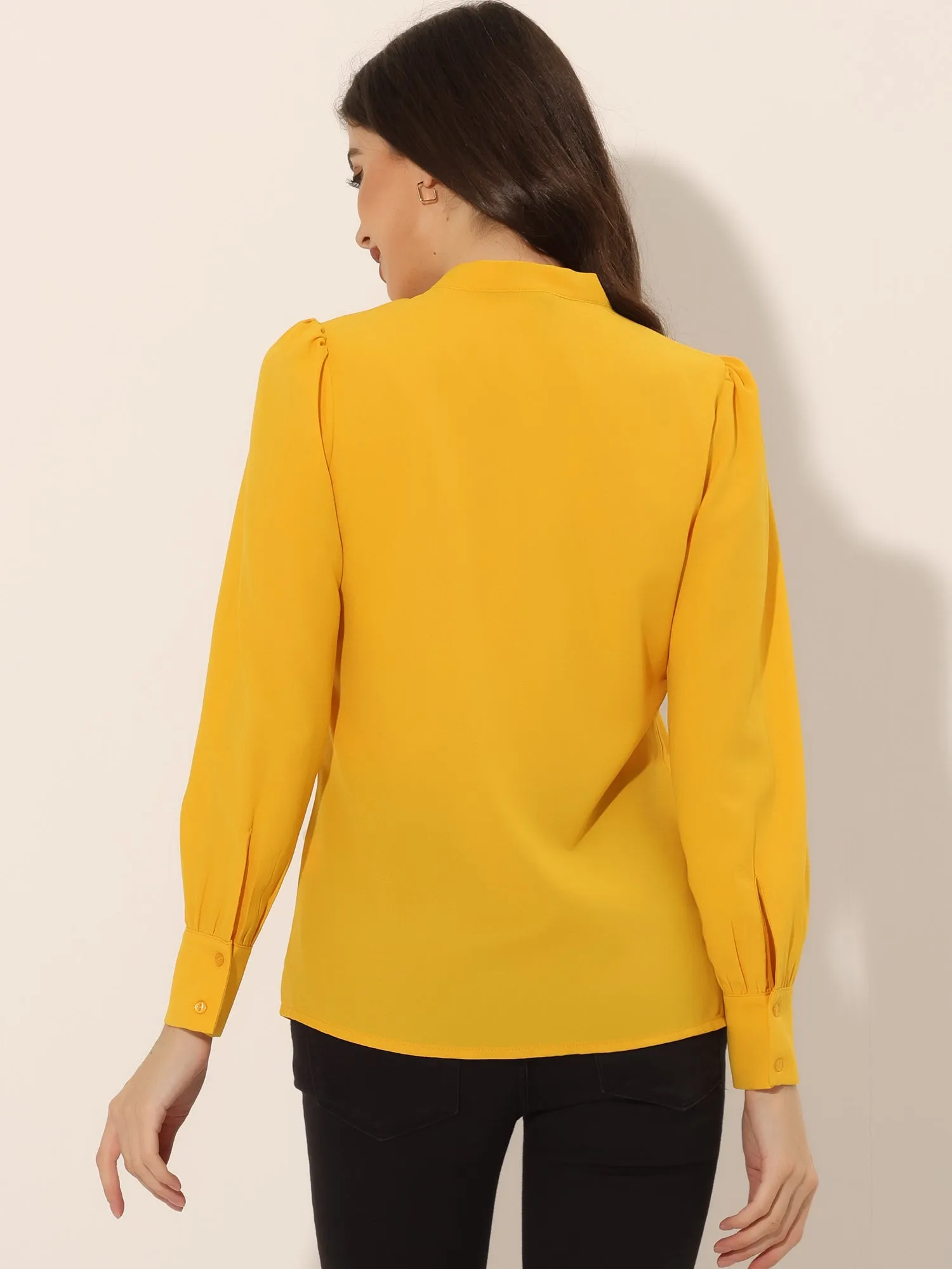 Bow Tie Neck Elegant Top Long Sleeve Solid Work Office Blouse sold by Allegra K product image thumbnail 3