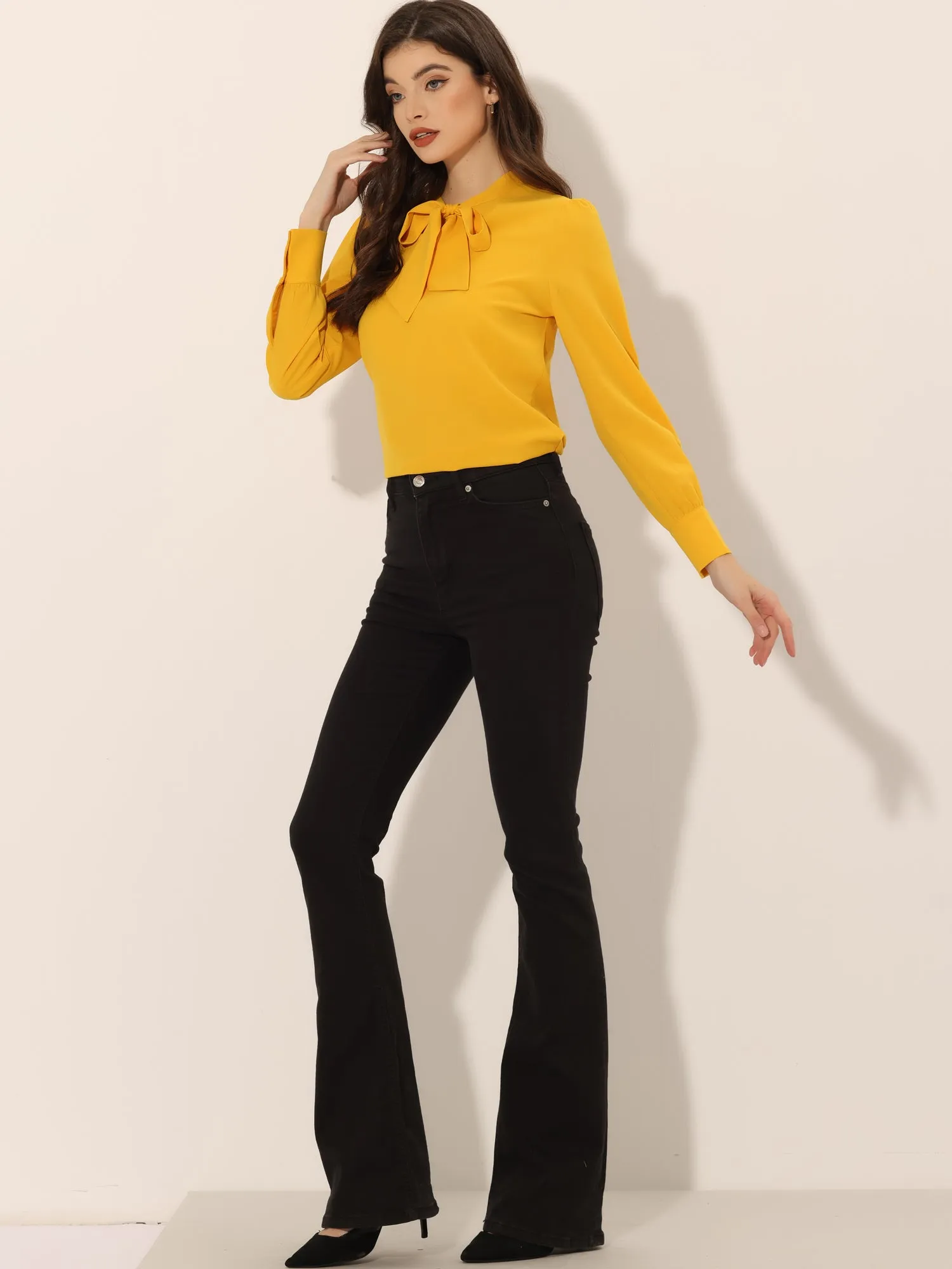 Bow Tie Neck Elegant Top Long Sleeve Solid Work Office Blouse sold by Allegra K product image thumbnail 2