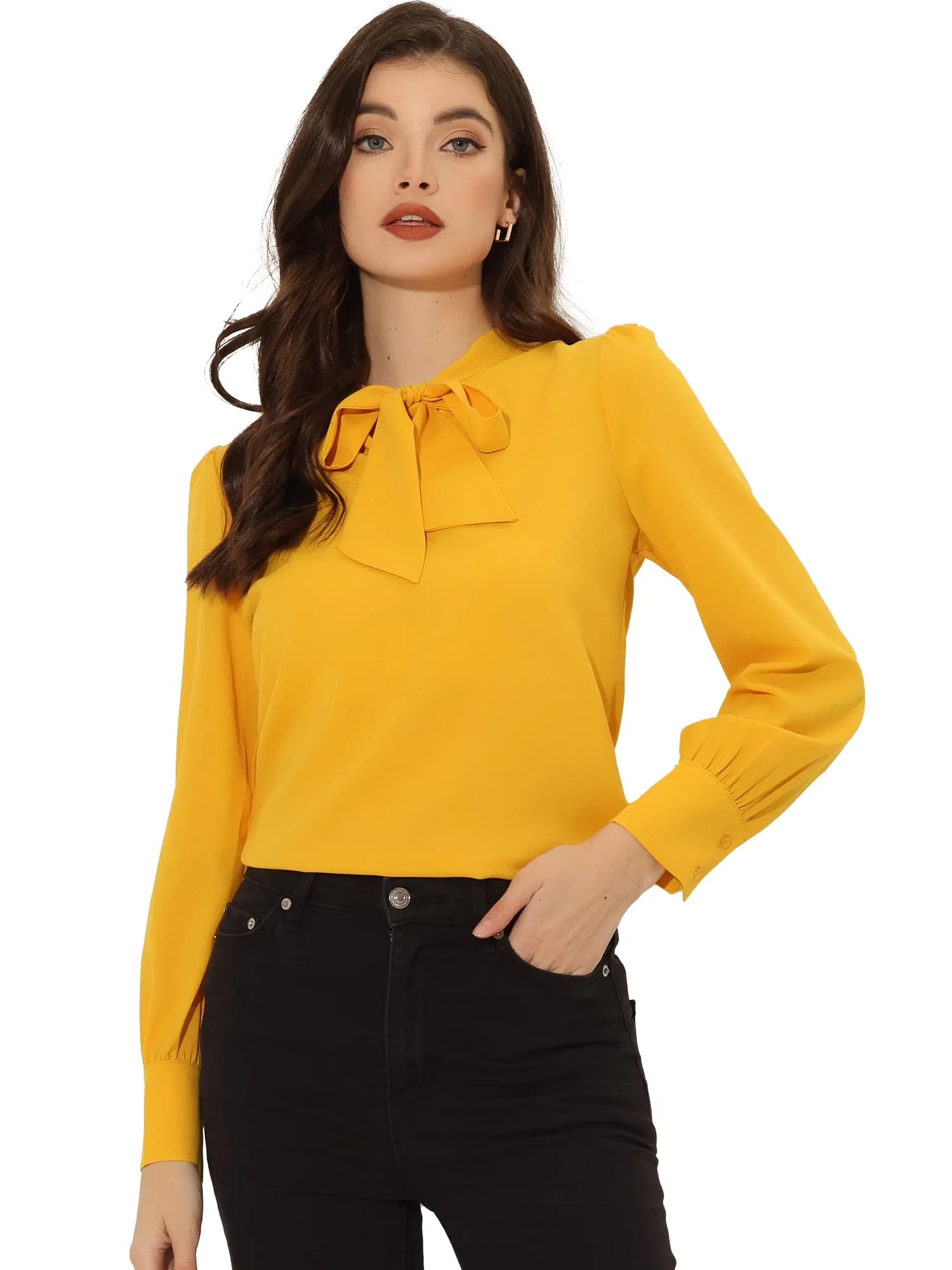 Bow Tie Neck Elegant Top Long Sleeve Solid Work Office Blouse sold by Allegra K product image thumbnail 5