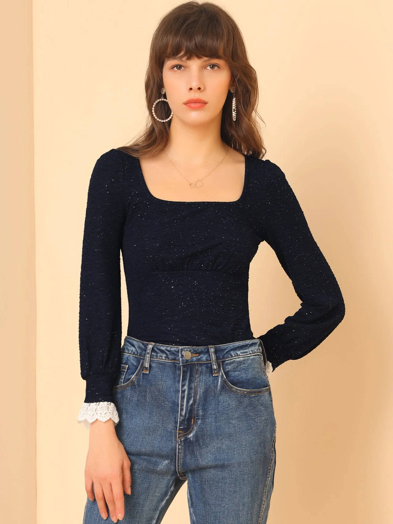 Elegant Square Neck Lace Panel Stretchy Long Sleeve Top Blouse sold by Allegra K product image thumbnail 3