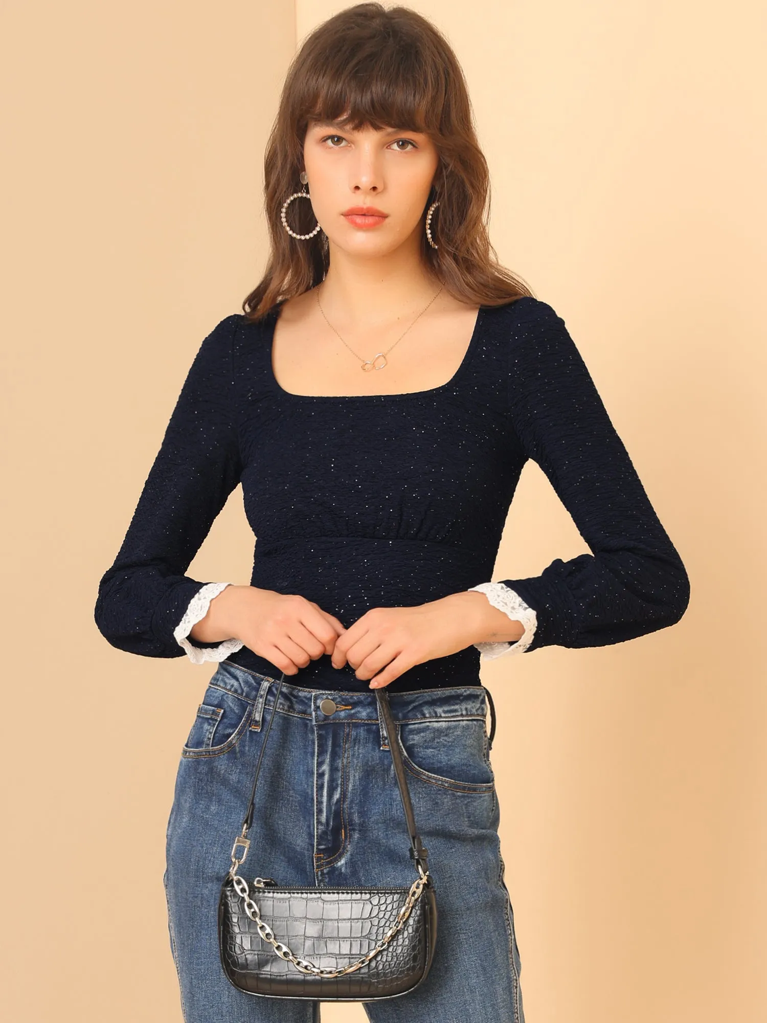 Elegant Square Neck Lace Panel Stretchy Long Sleeve Top Blouse sold by Allegra K product image thumbnail 2