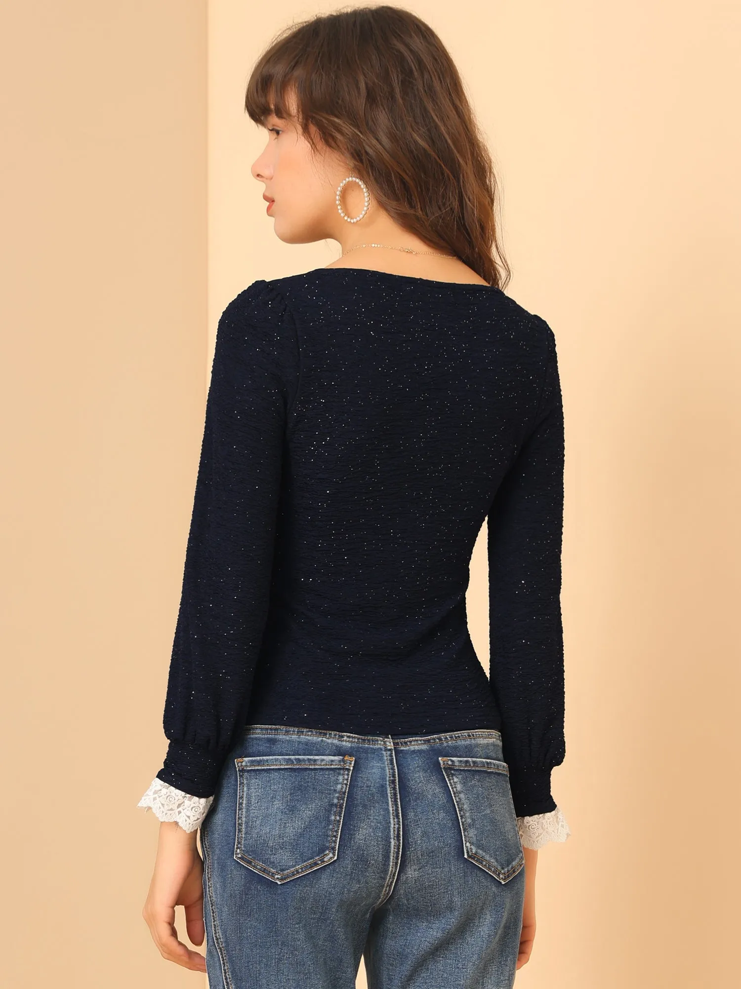 Elegant Square Neck Lace Panel Stretchy Long Sleeve Top Blouse sold by Allegra K product image thumbnail 5