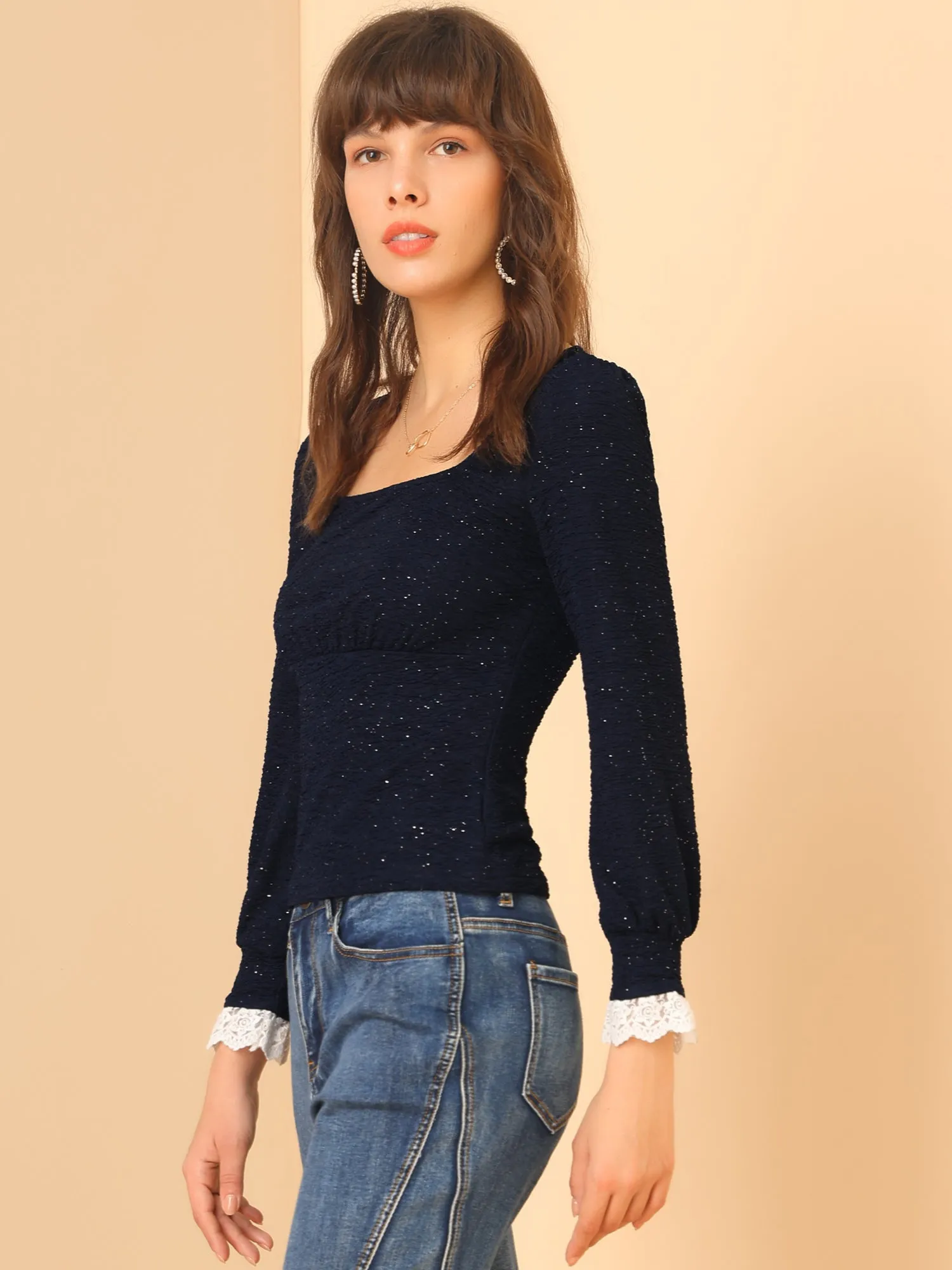 Elegant Square Neck Lace Panel Stretchy Long Sleeve Top Blouse sold by Allegra K product image thumbnail 4