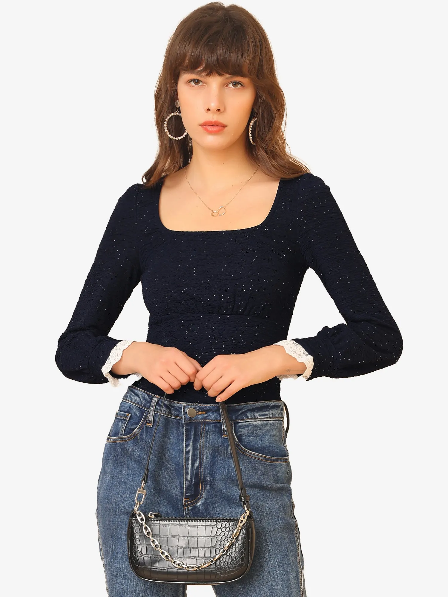 Elegant Square Neck Lace Panel Stretchy Long Sleeve Top Blouse sold by Allegra K