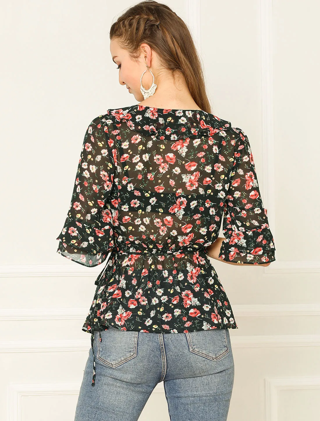 Floral Print Tie Waist Blouse Ruffle Neck Chiffon Wrap Top sold by Allegra K product image thumbnail 4