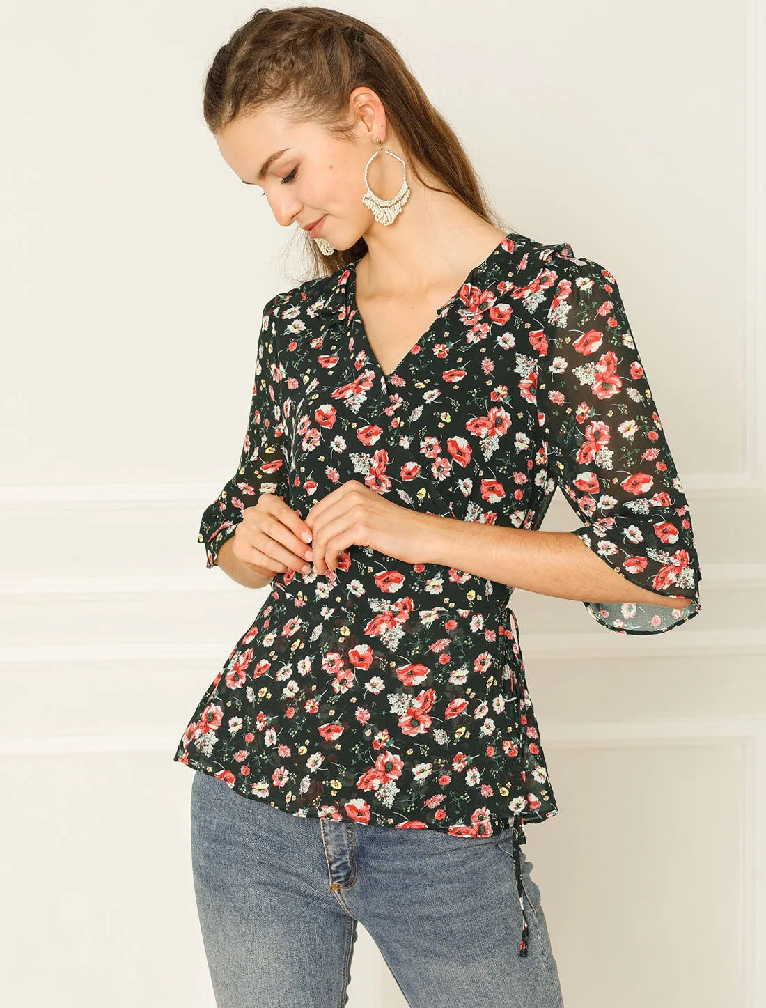 Floral Print Tie Waist Blouse Ruffle Neck Chiffon Wrap Top sold by Allegra K product image thumbnail 3