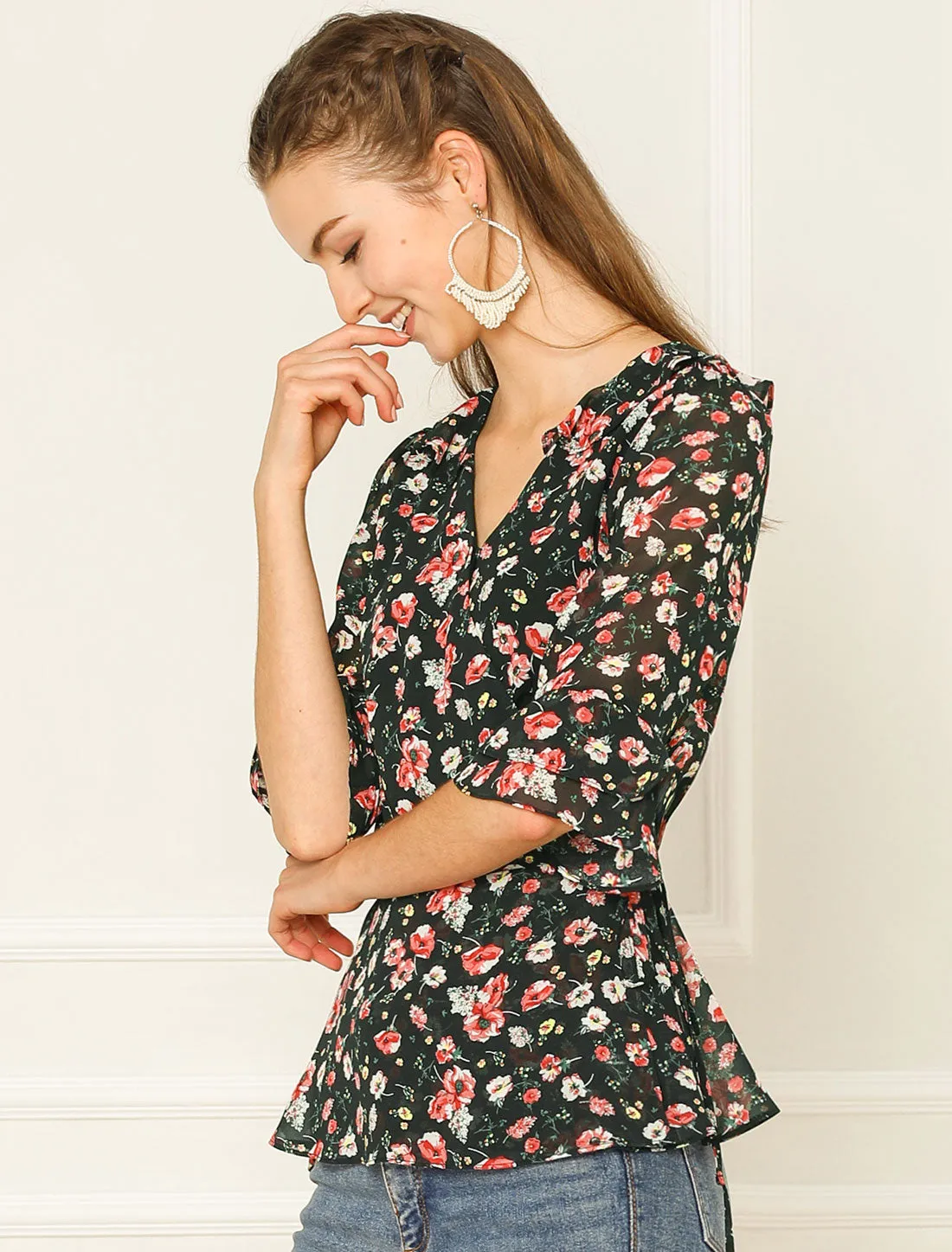 Floral Print Tie Waist Blouse Ruffle Neck Chiffon Wrap Top sold by Allegra K