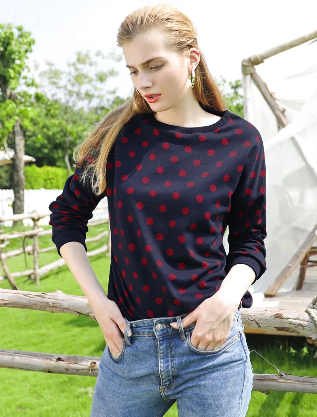 Round Neck Long Sleeve Polka Dot Pullover Sweatshirt sold by Allegra K