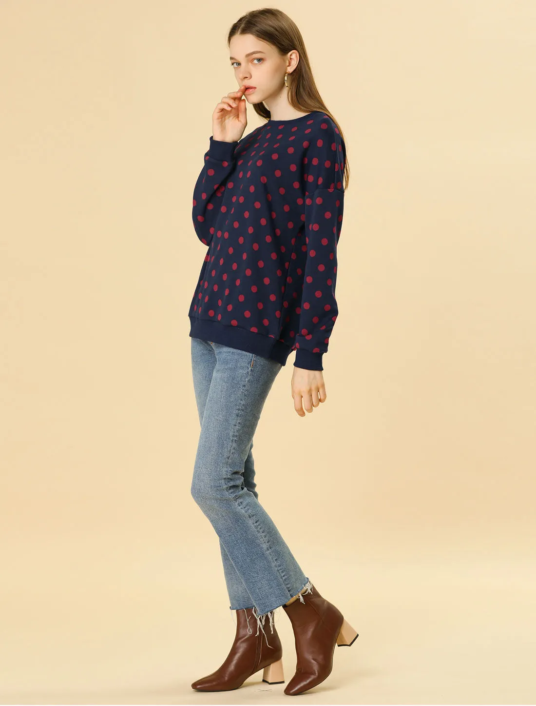 Round Neck Long Sleeve Polka Dot Pullover Sweatshirt sold by Allegra K product image thumbnail 3