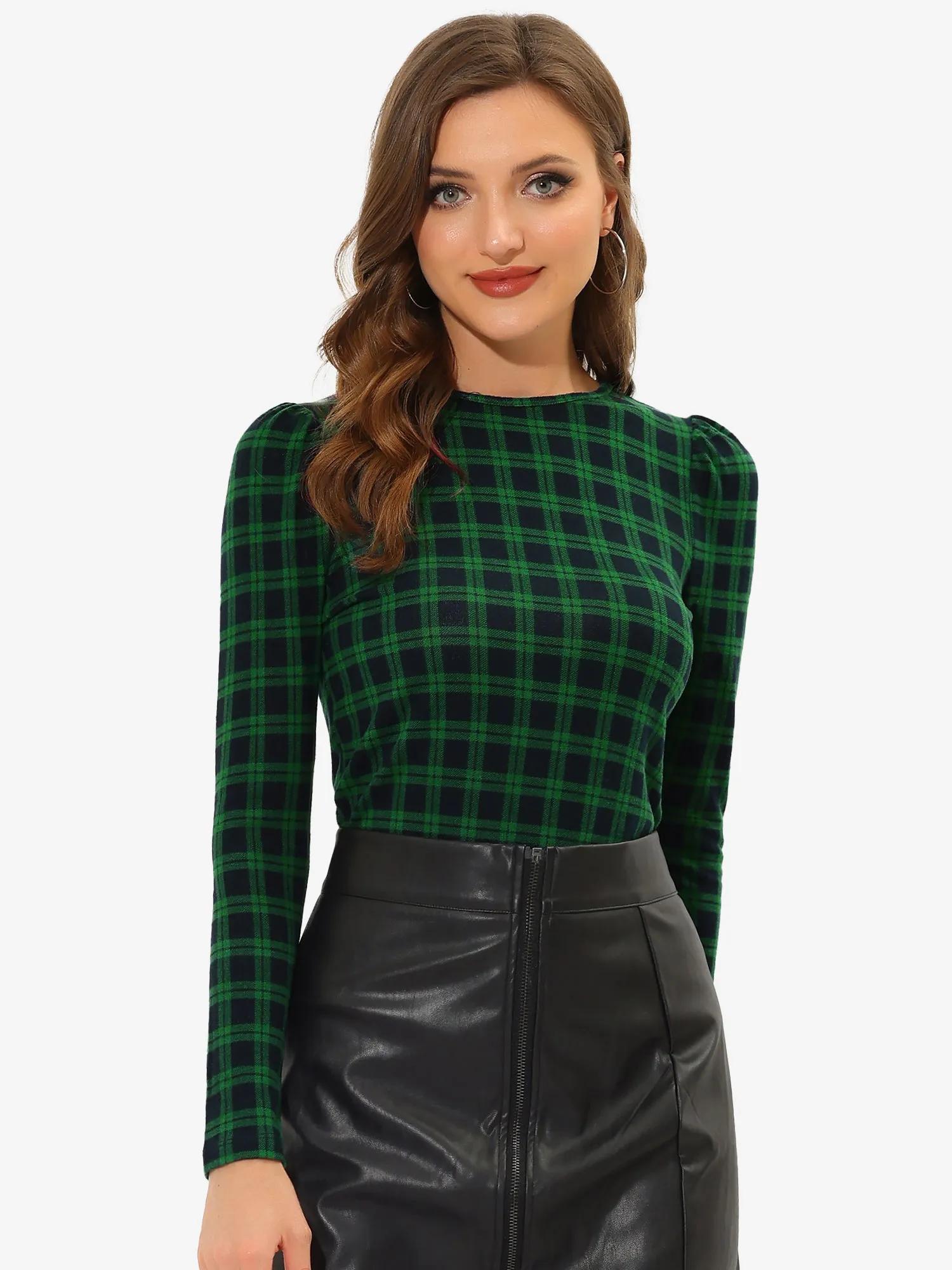 Stretchy Slim Plaid Round Neck Long Sleeve T Shirt Basic Blouse sold by Allegra K