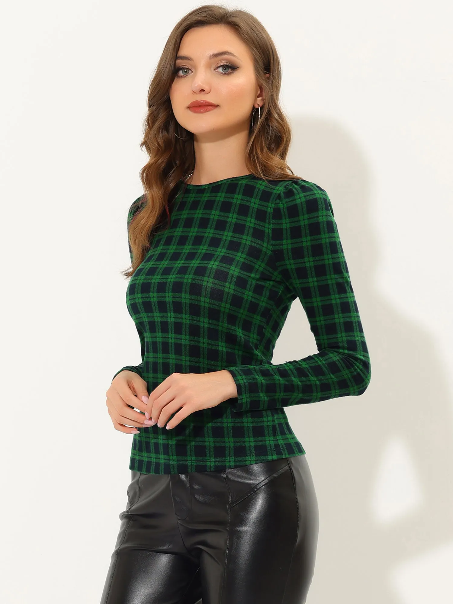 Stretchy Slim Plaid Round Neck Long Sleeve T Shirt Basic Blouse sold by Allegra K product image thumbnail 5