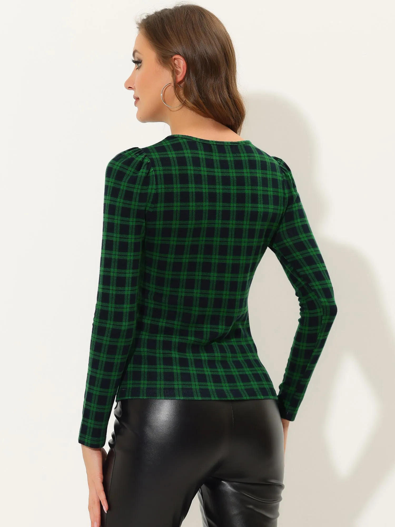 Stretchy Slim Plaid Round Neck Long Sleeve T Shirt Basic Blouse sold by Allegra K product image thumbnail 3