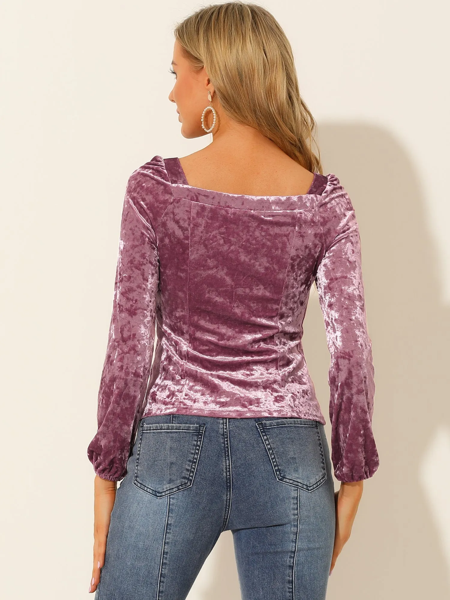 Velvet Top Long Sleeve Sexy Square Neck Shirt sold by Allegra K product image thumbnail 4