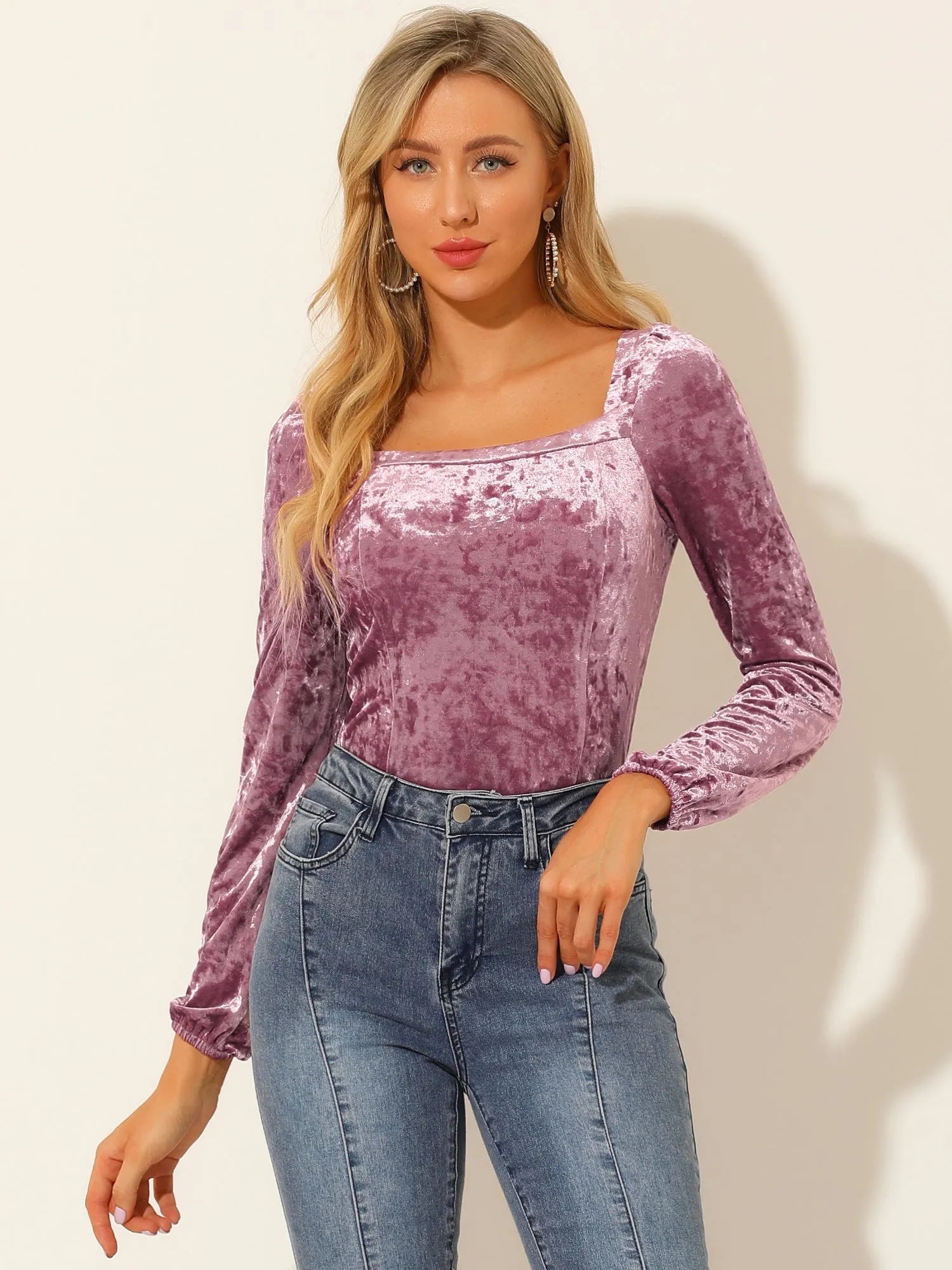 Velvet Top Long Sleeve Sexy Square Neck Shirt sold by Allegra K product image thumbnail 2