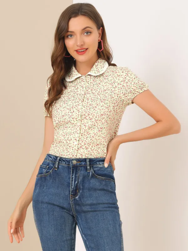 Floral Blouse Peter Pan Colla Short Sleeve Peasant Top sold by Allegra K
