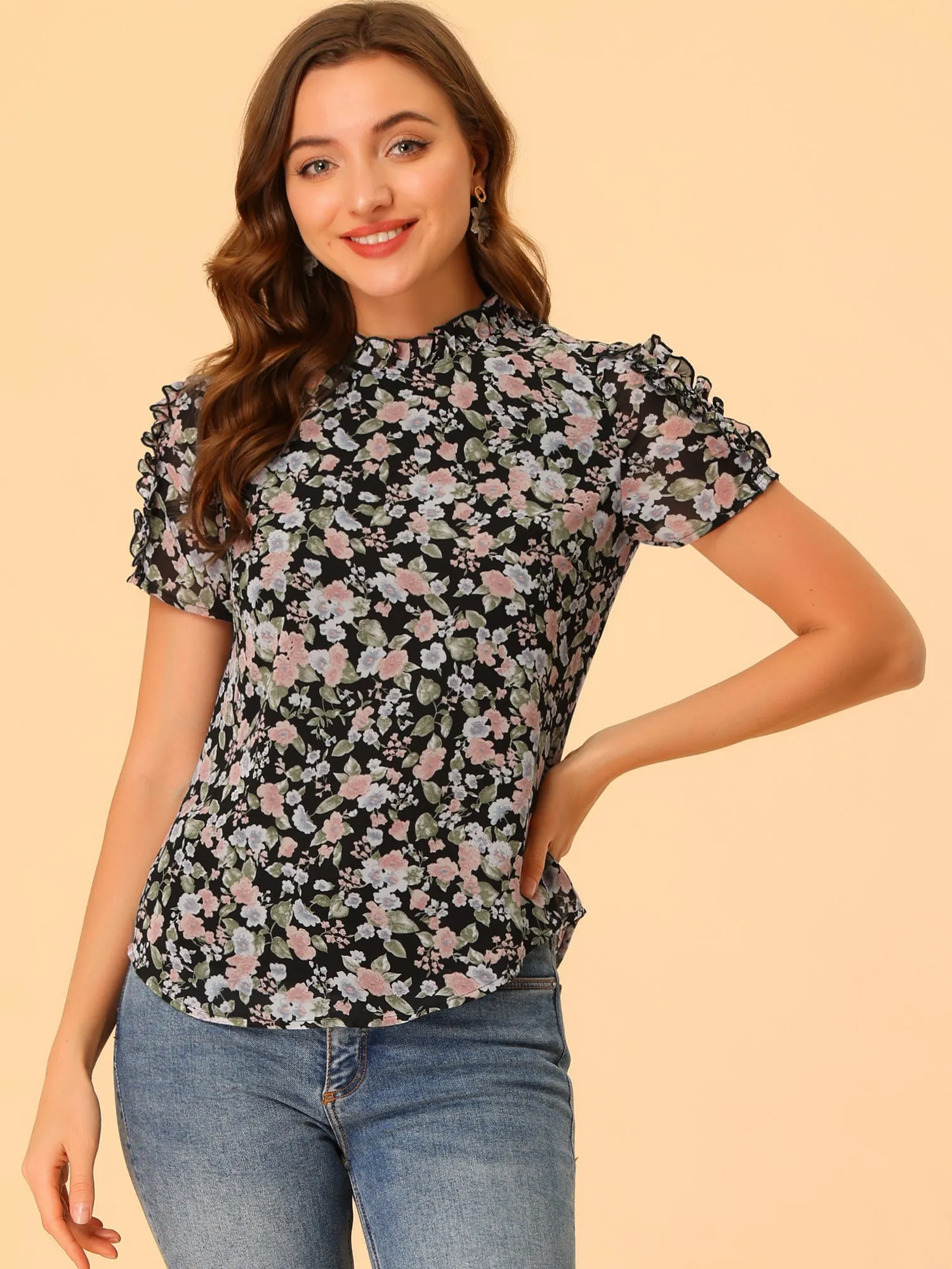 Summer Ruffled Neck Frill Trim Short Sleeve Chiffon Floral Blouse sold by Allegra K product image thumbnail 3