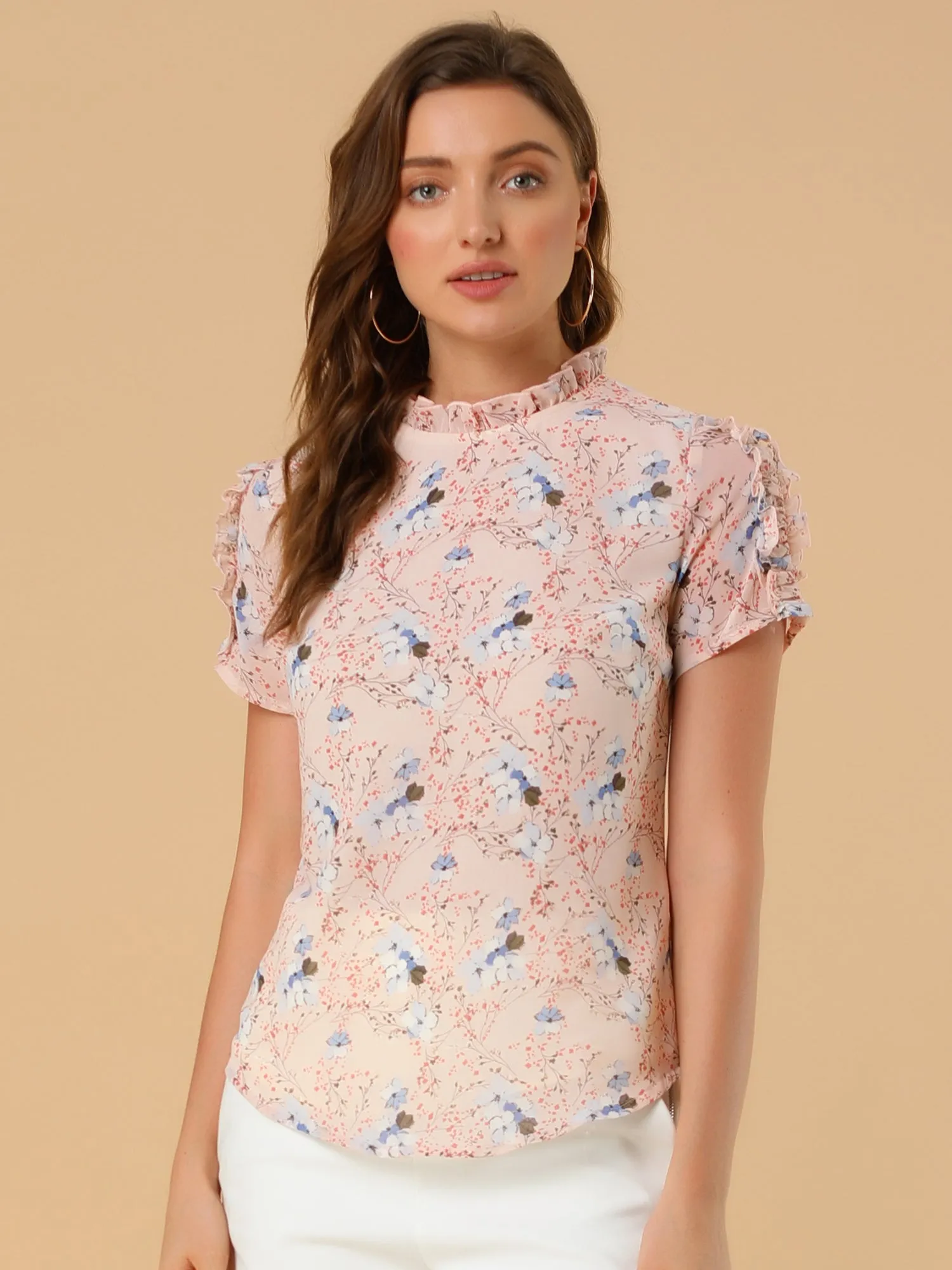 Summer Ruffled Neck Frill Trim Short Sleeve Chiffon Floral Blouse sold by Allegra K product image thumbnail 5