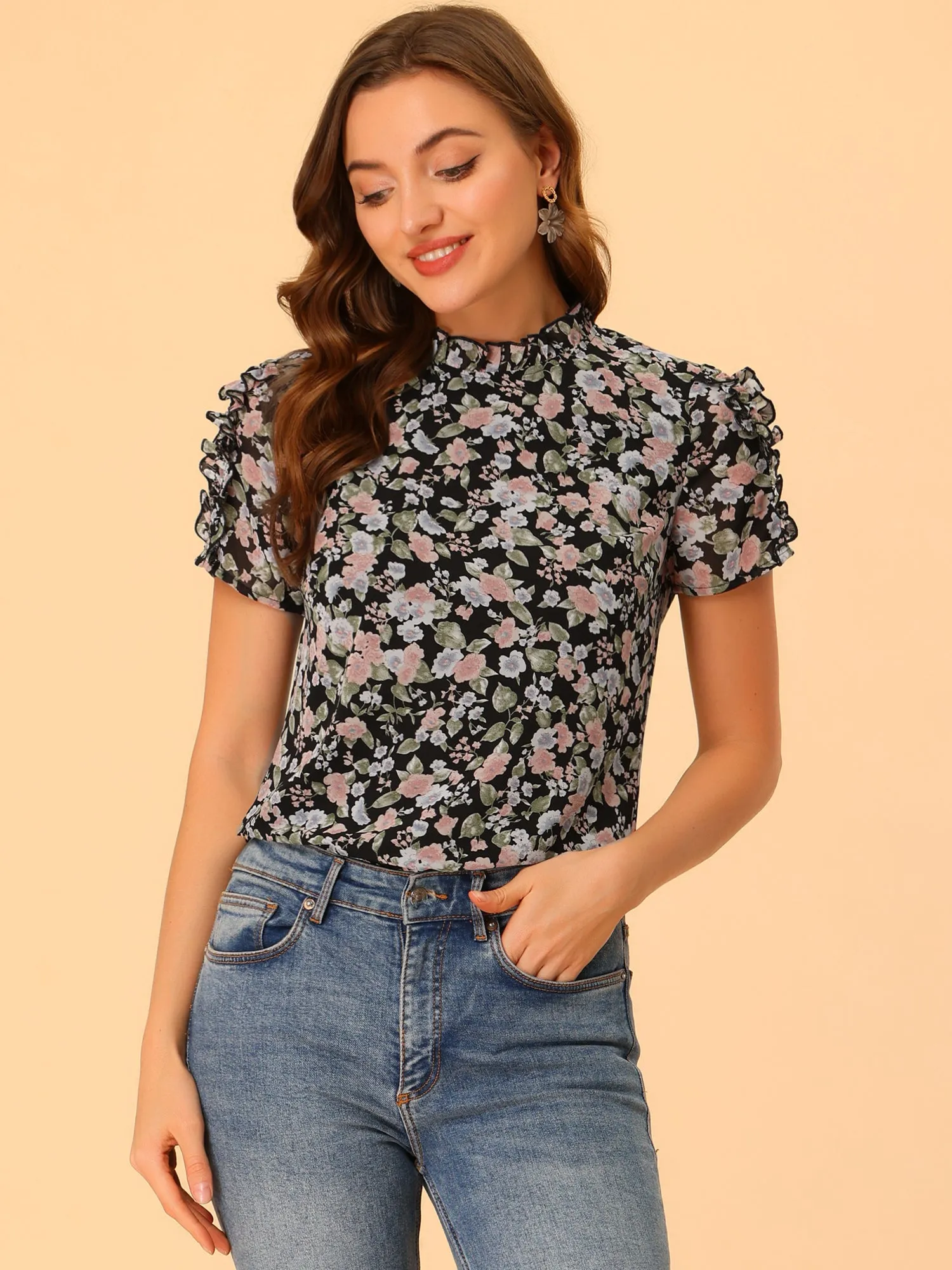 Summer Ruffled Neck Frill Trim Short Sleeve Chiffon Floral Blouse sold by Allegra K