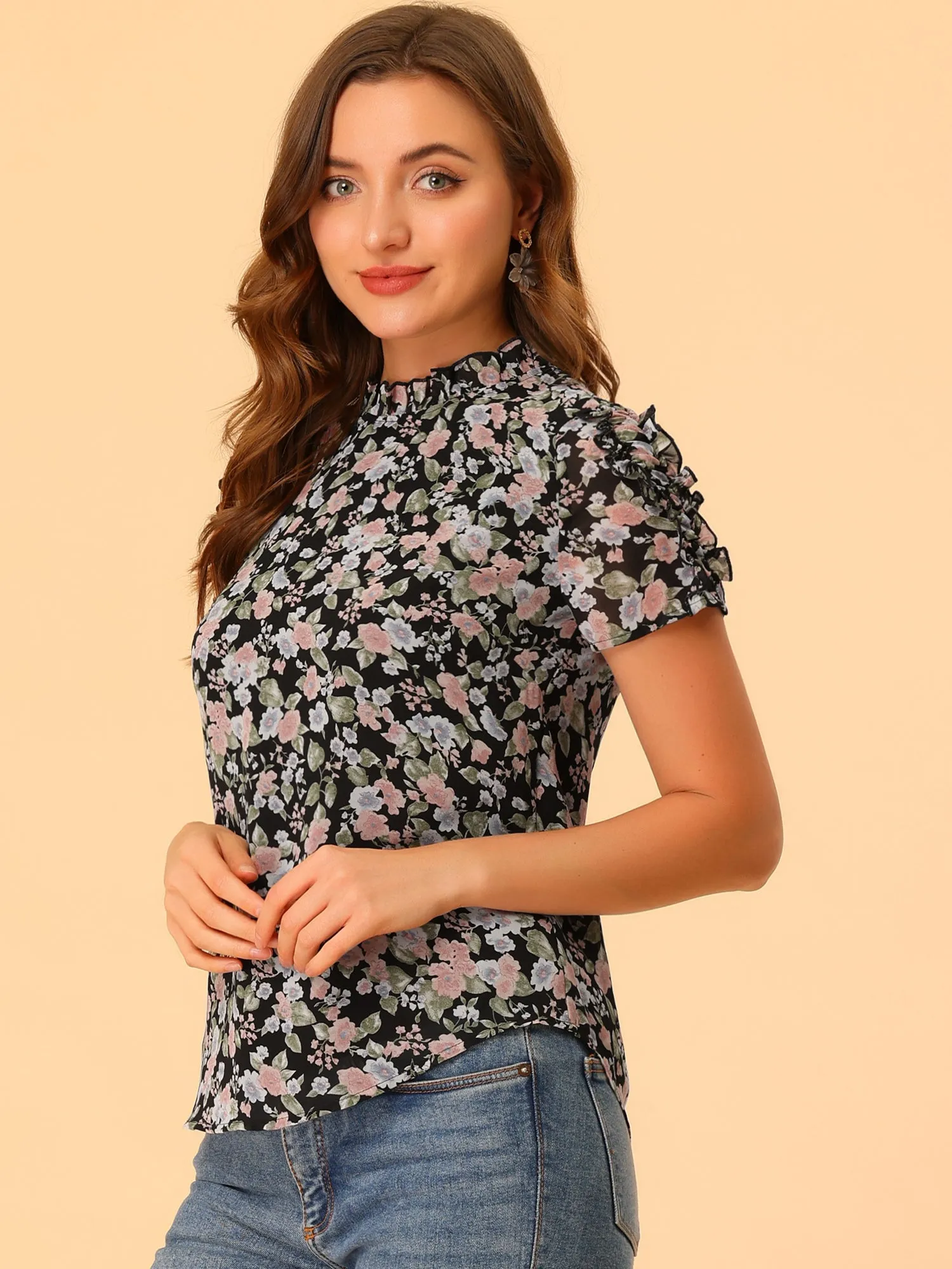Summer Ruffled Neck Frill Trim Short Sleeve Chiffon Floral Blouse sold by Allegra K product image thumbnail 2
