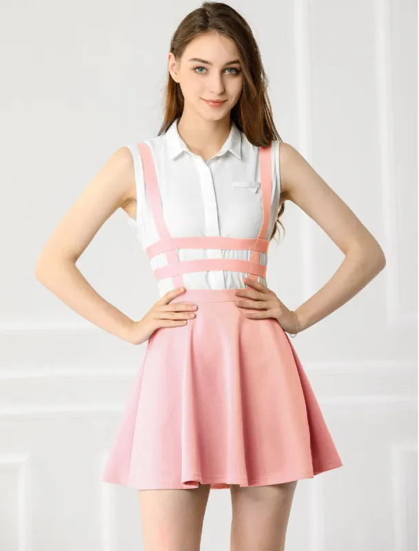 Pleated Overall A-Line Elastic Waist Kawaii Braces Suspender Skirt sold by Allegra K
