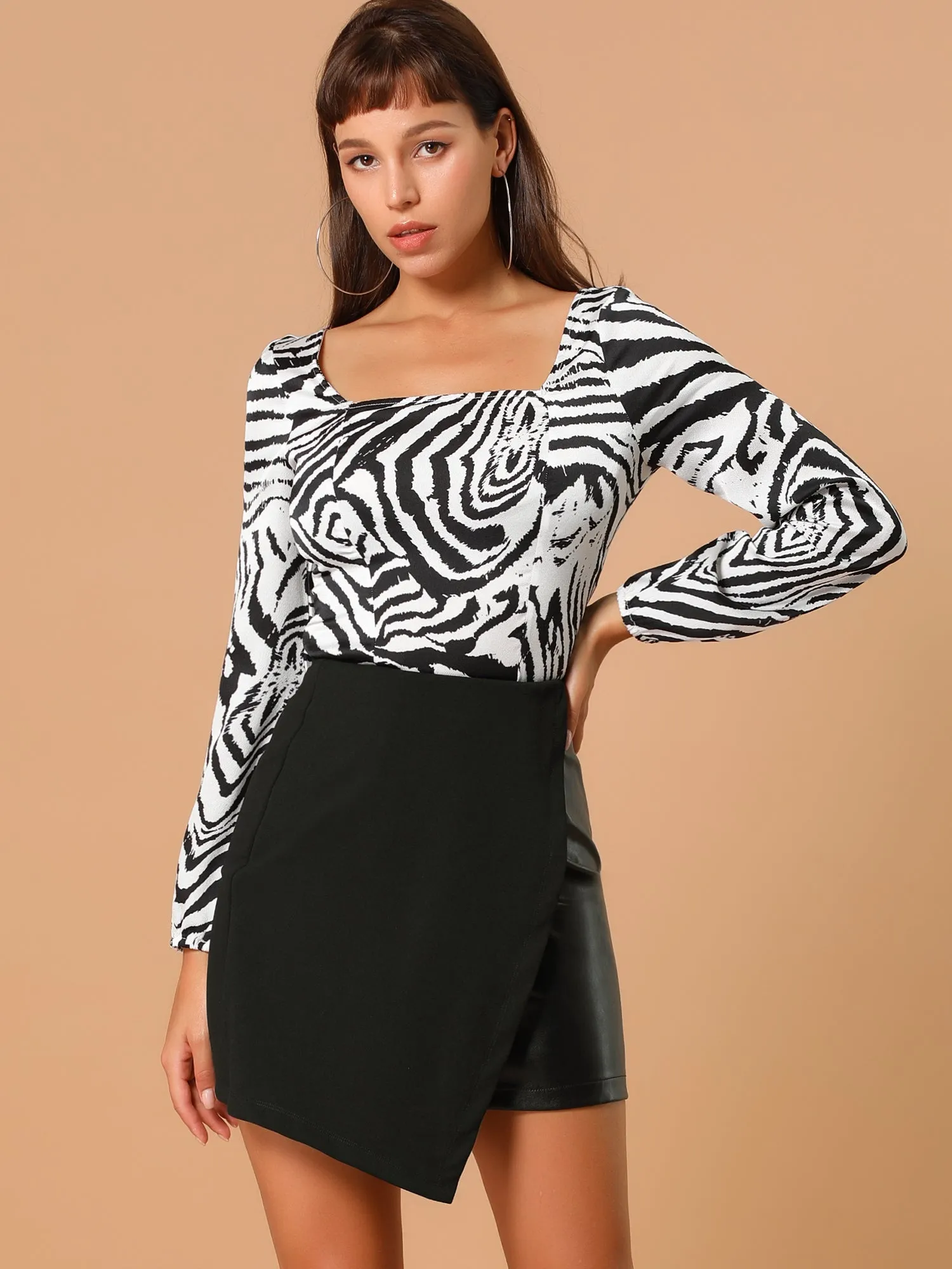 High Waist Faux Leather Asymmetrical Hem Mini Skirt sold by Allegra K product image thumbnail 3