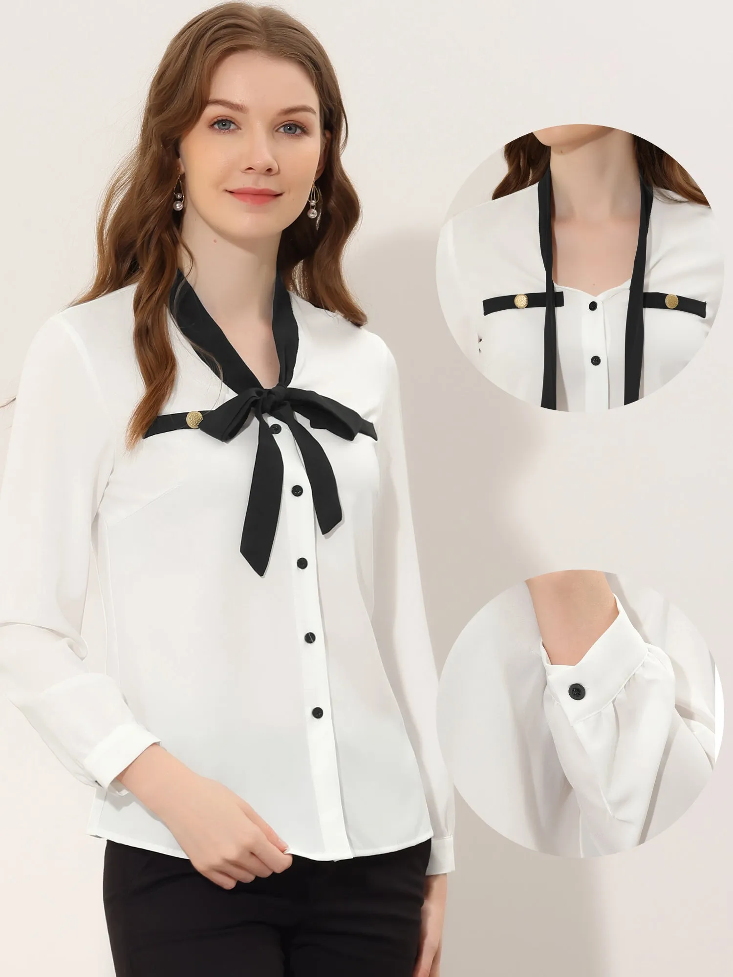 Office Shirt Contrast Bow Tie Neck Button Up Long Sleeve Blouse sold by Allegra K product image thumbnail 2