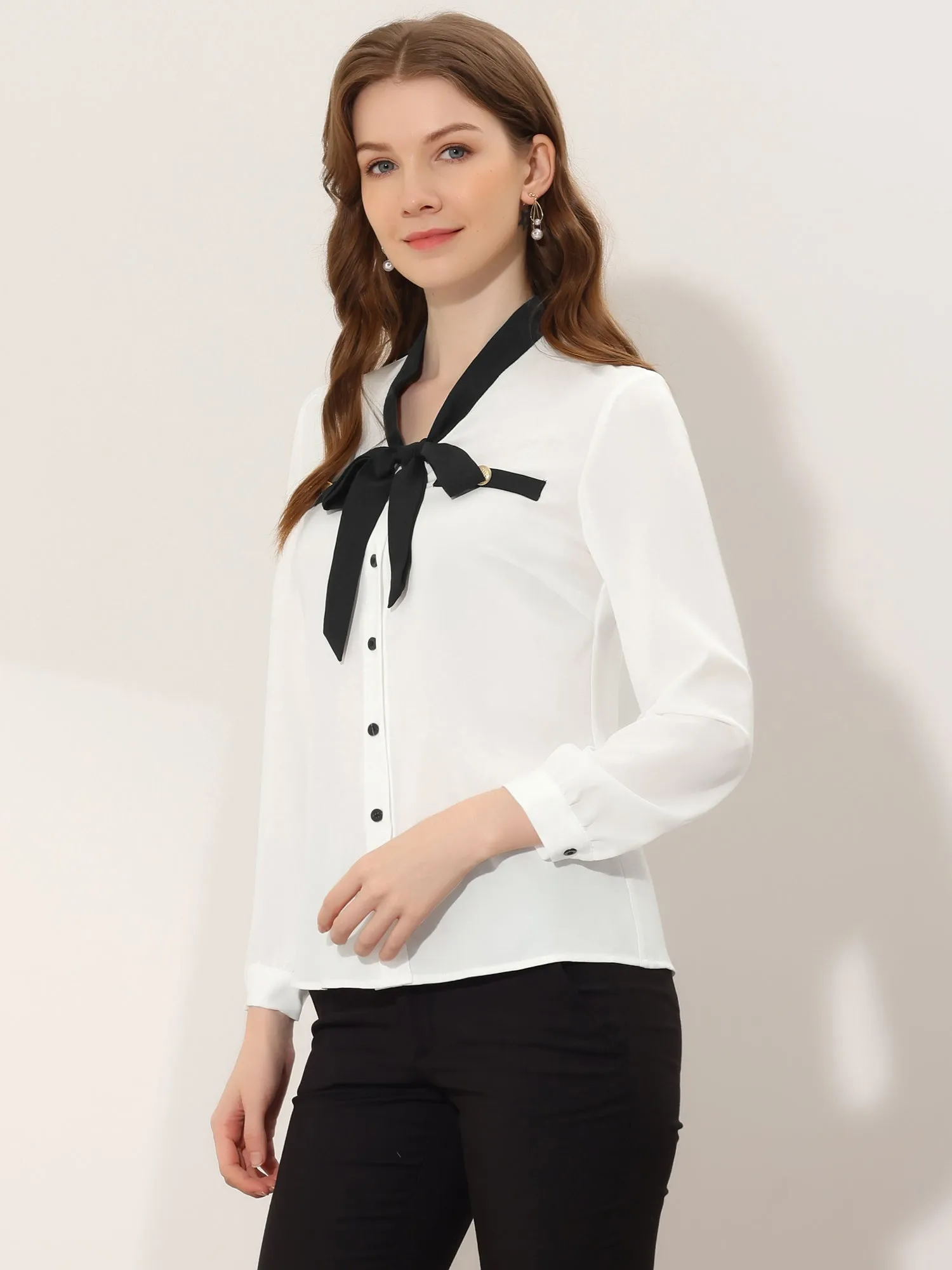 Office Shirt Contrast Bow Tie Neck Button Up Long Sleeve Blouse sold by Allegra K