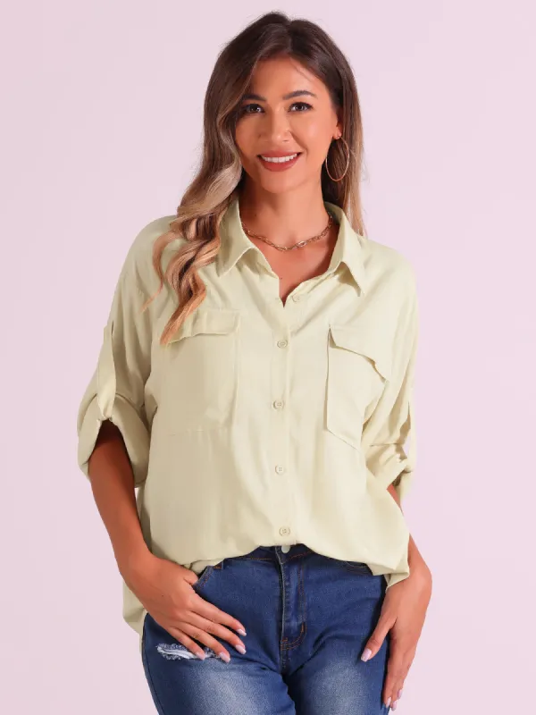 Loose Point Collar Roll-up Long Sleeve Button Down Shirts sold by Allegra K