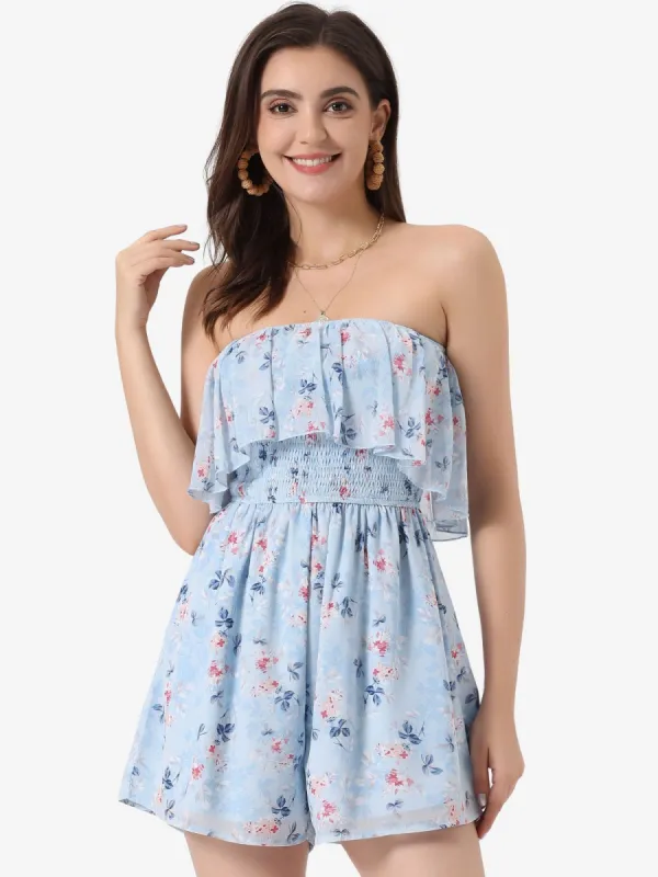 Floral Short Jumpsuit Sleeveless Smocked Waist Mini Rompers sold by Allegra K