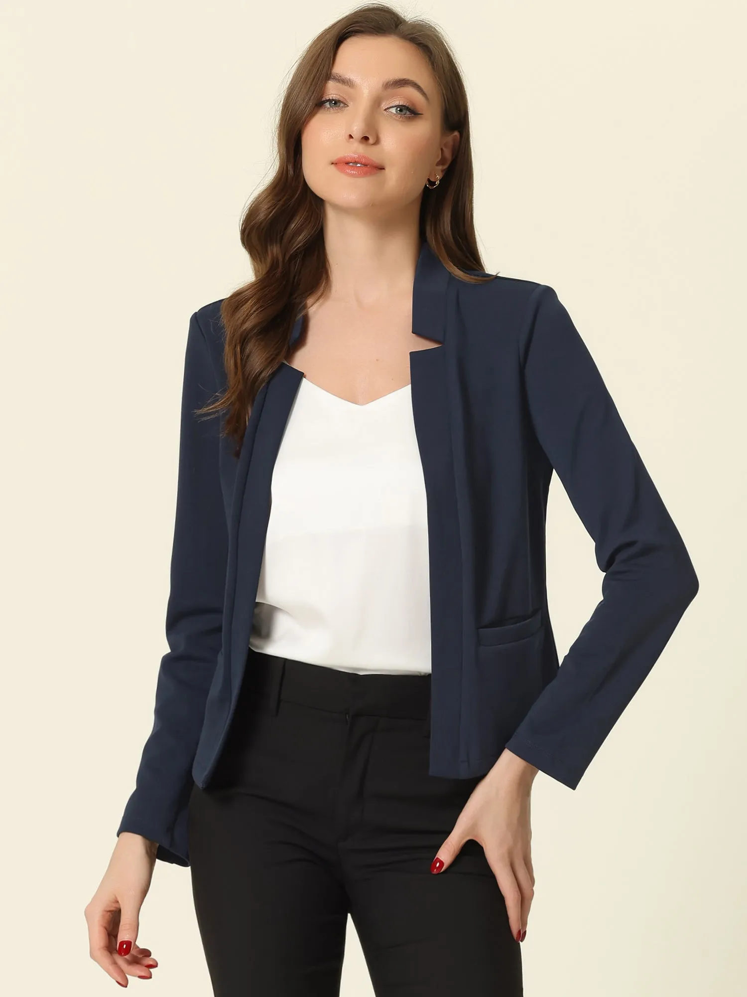 Work Office Stand Collar Long Sleeve Open Front Cropped Blazer sold by Allegra K