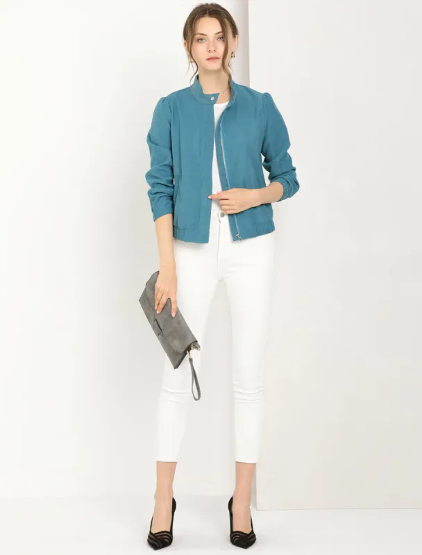 Faux Suede Snap Stand Collar Zip Up Bomber Biker Jacket sold by Allegra K