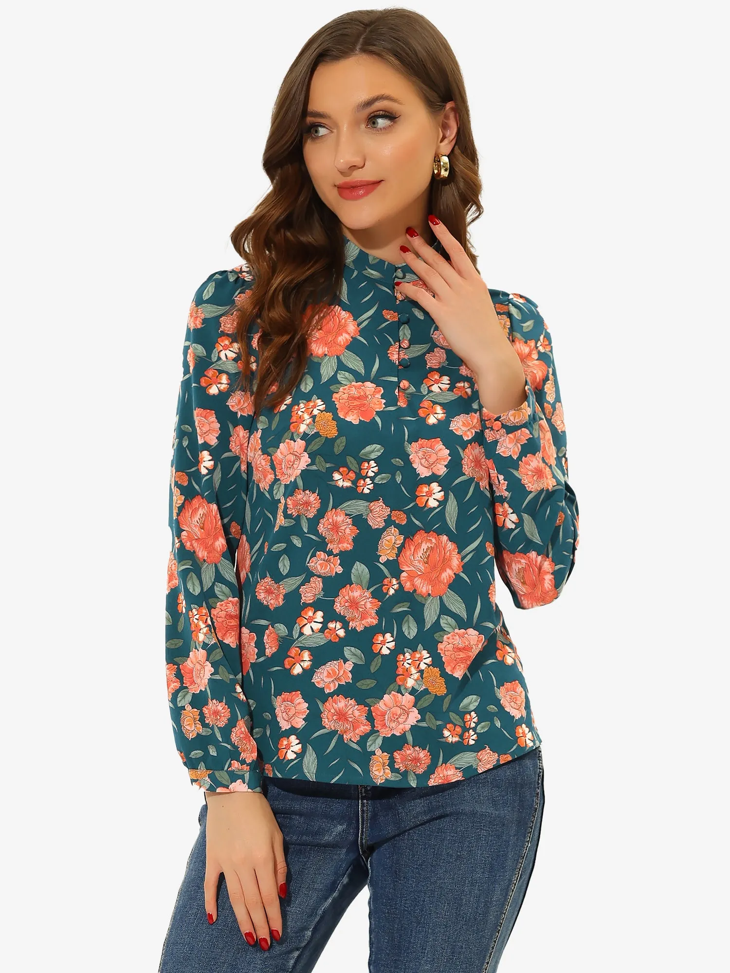 Long Sleeve Tops Vintage Mock Neck Floral Print Blouse sold by Allegra K
