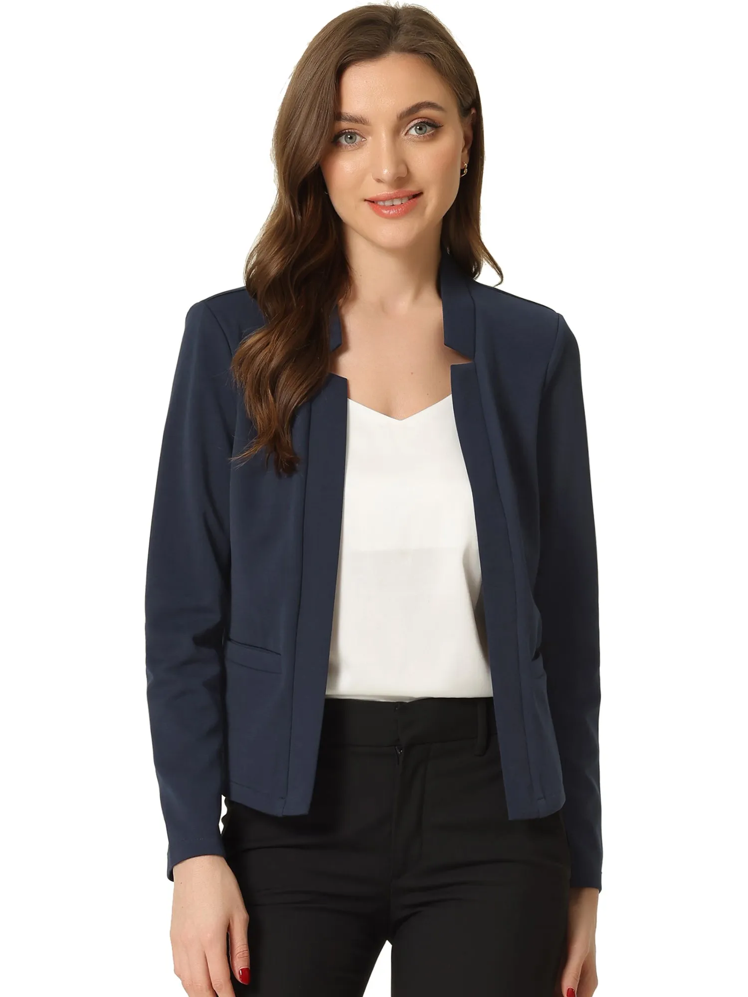 Work Office Stand Collar Long Sleeve Open Front Cropped Blazer sold by Allegra K product image thumbnail 4