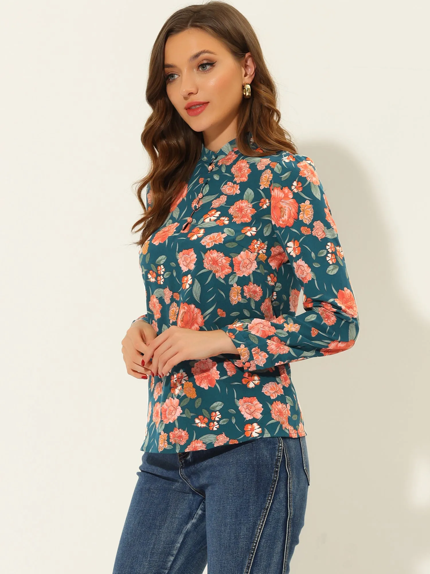 Long Sleeve Tops Vintage Mock Neck Floral Print Blouse sold by Allegra K product image thumbnail 5