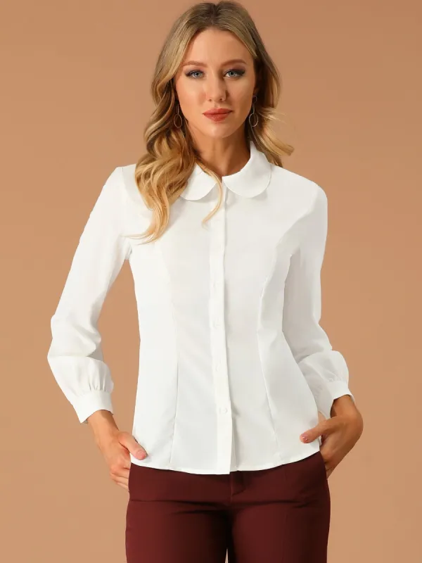 Button Up Peter Pan Collar Long Bishop Sleeve Blouse sold by Allegra K